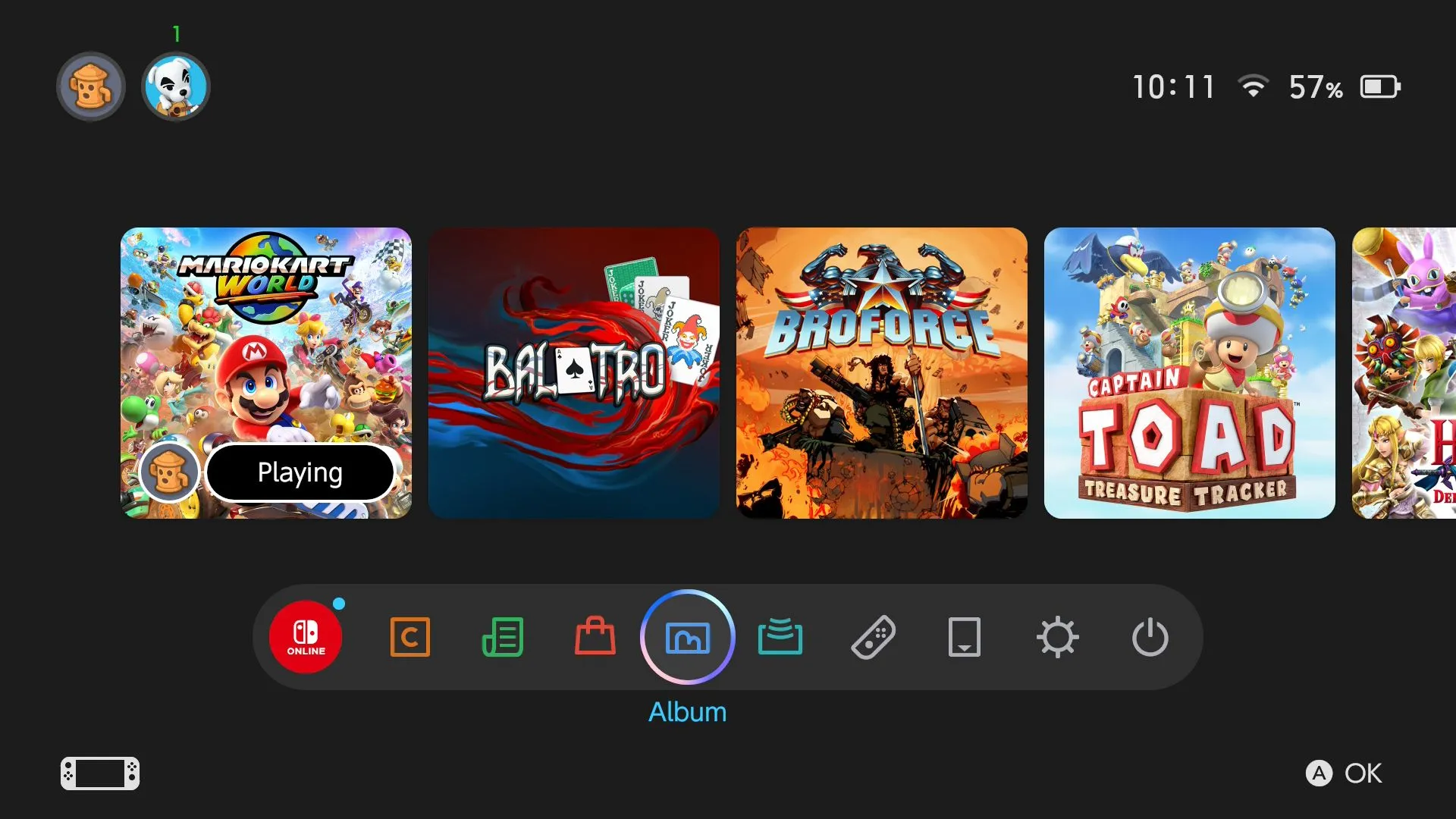 Giao diện chính Nintendo Switch 2 với biểu tượng ứng dụng Album để truy cập