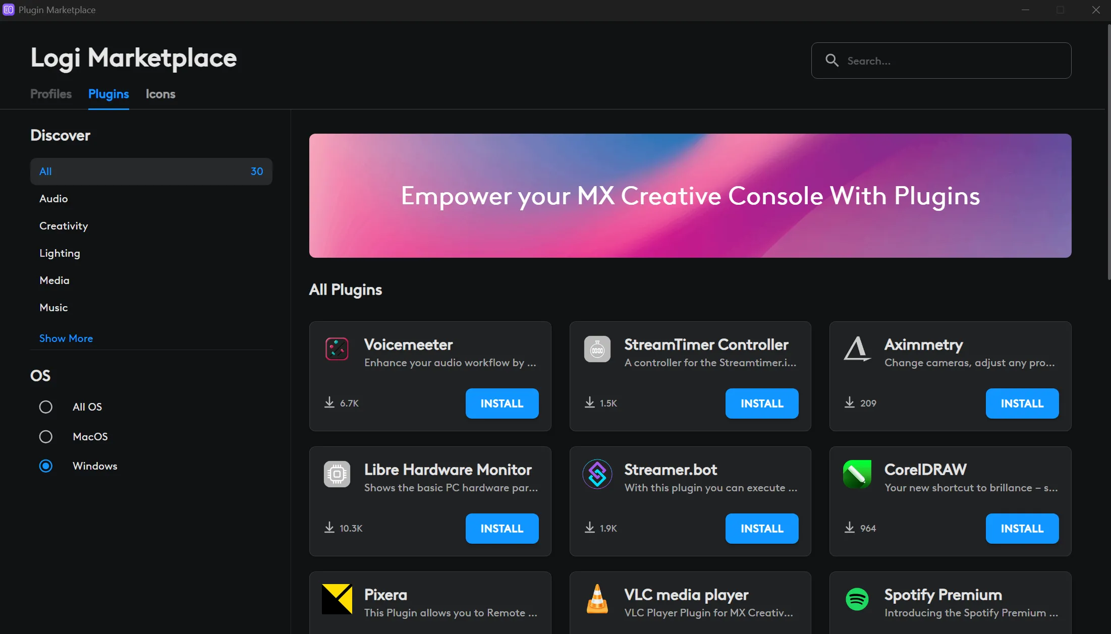 Giao diện của Logi Options+ Marketplace đang hiển thị tab Plugins, cho thấy khả năng mở rộng tích hợp với các ứng dụng khác ngoài Adobe.