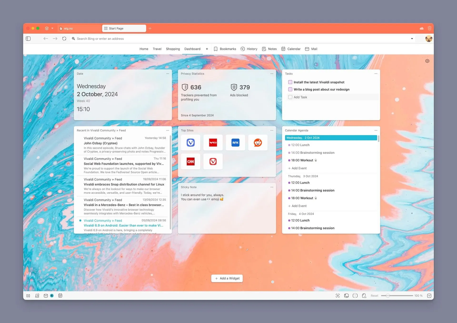 Giao diện Dashboard mới của trình duyệt Vivaldi với các widget Email, Lịch và Nguồn cấp dữ liệu