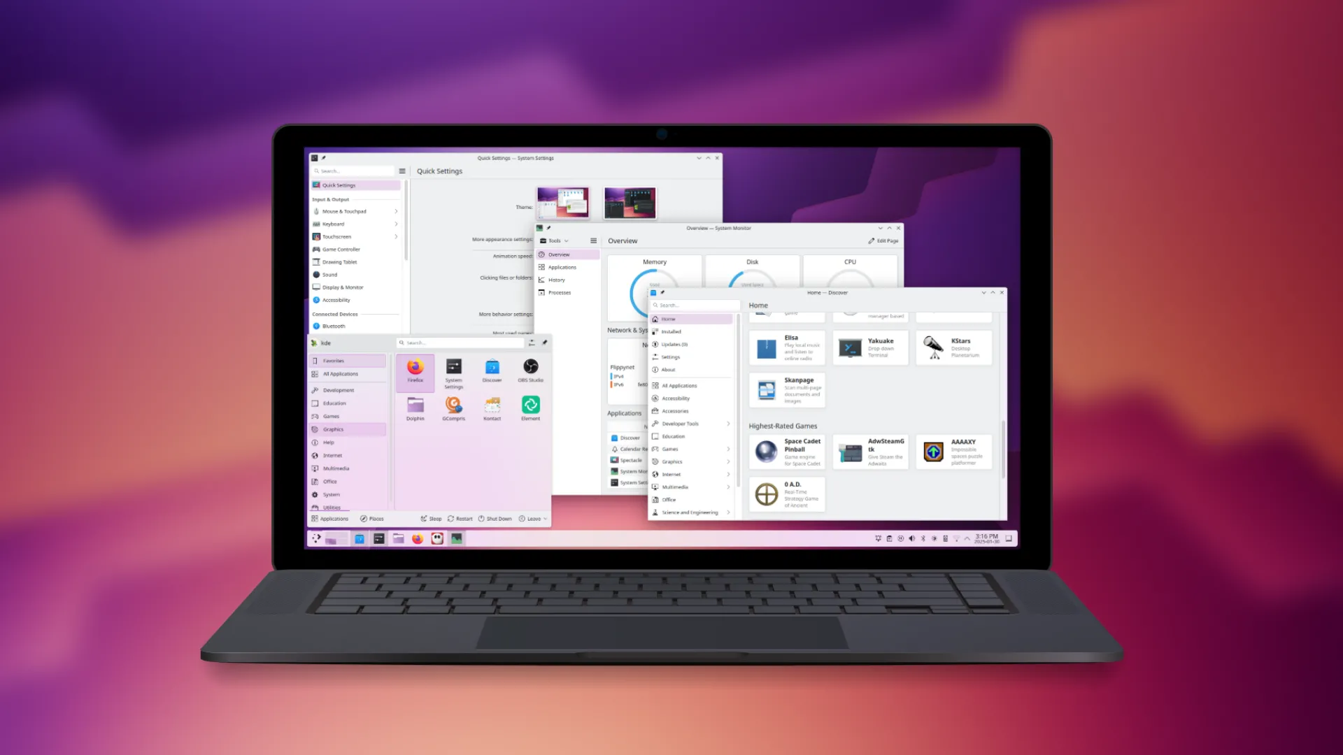 Giao diện desktop KDE Plasma trên máy tính xách tay với nền màu tím vàng, thể hiện môi trường mặc định của SteamOS.