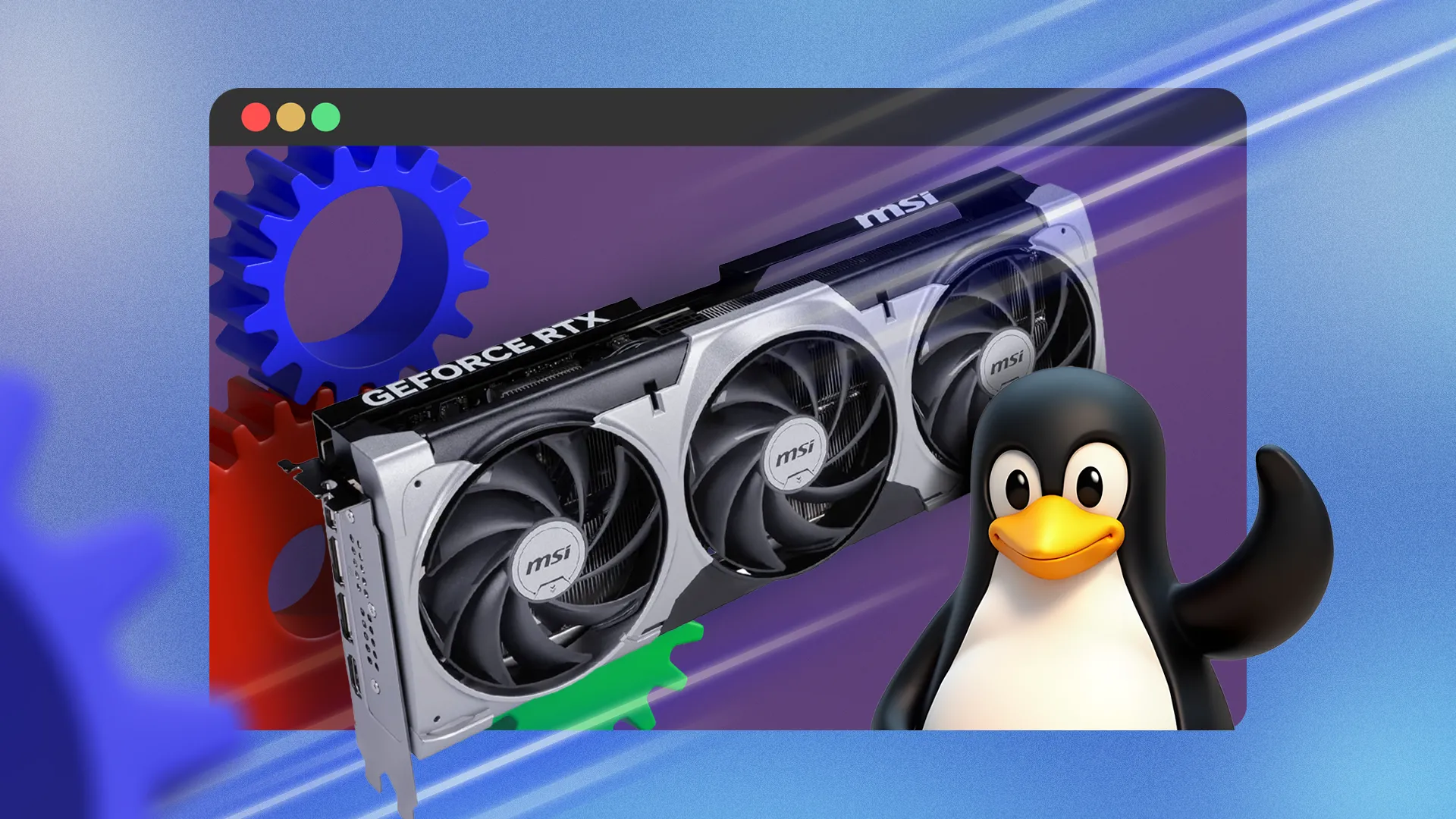 Giao diện dòng lệnh Linux hiển thị thông tin GPU, bên cạnh là linh vật Tux của Linux