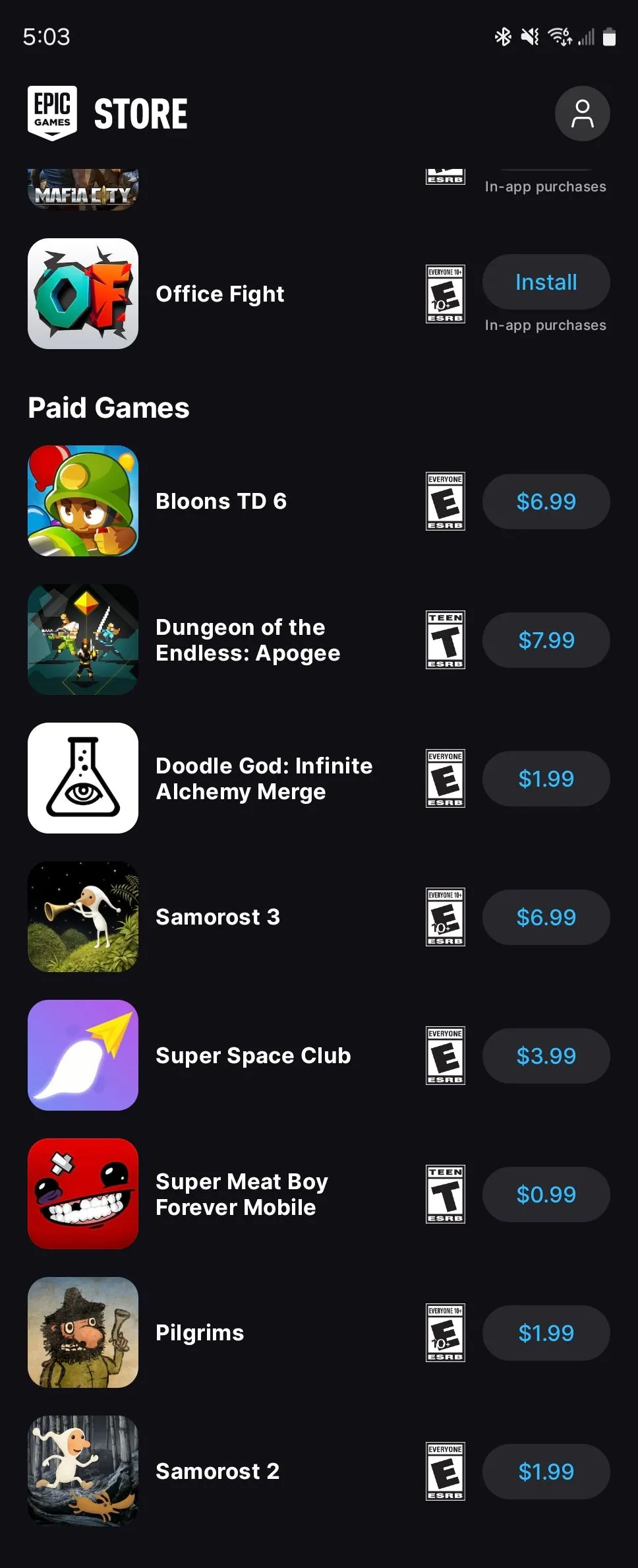 Giao diện duyệt game của Epic Games Store trên điện thoại Android.