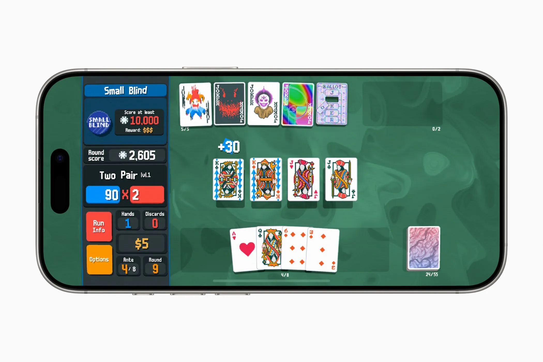 Giao diện game Balatro+ đang chạy trên màn hình điện thoại iPhone