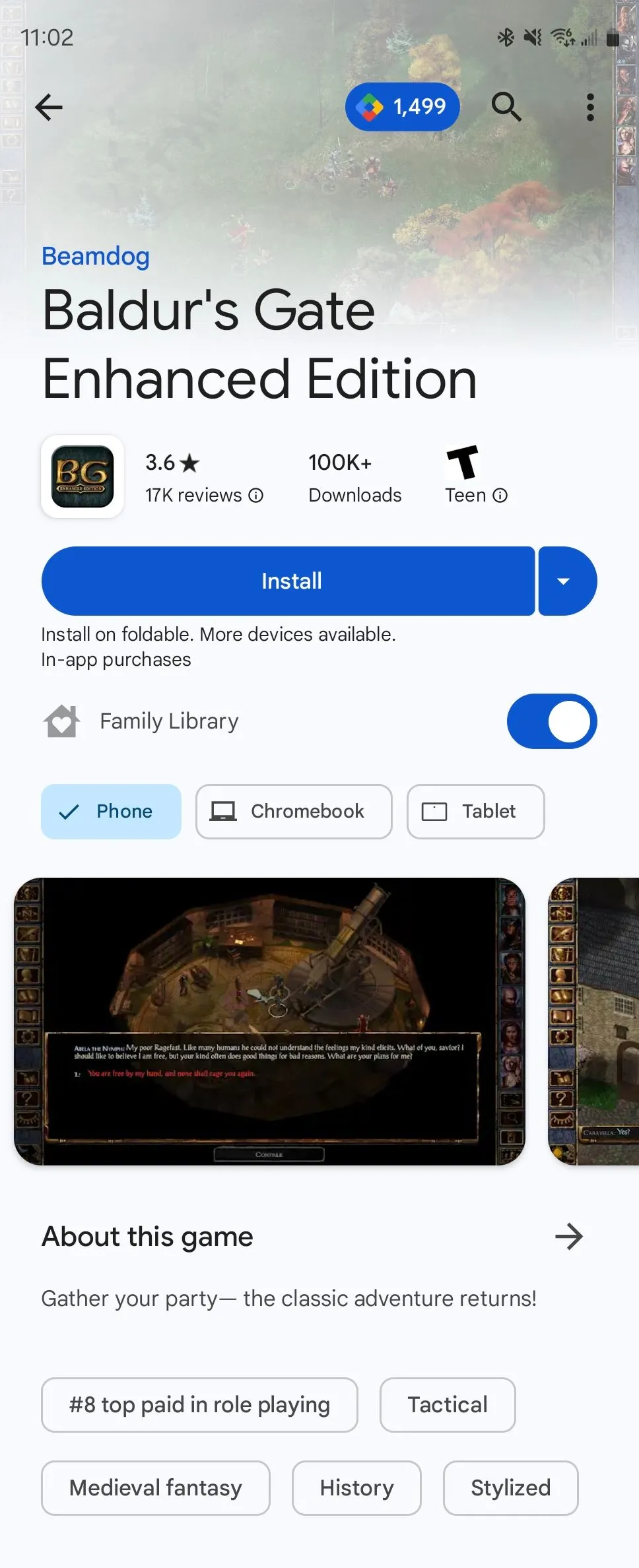 Giao diện game Baldur's Gate được port lên điện thoại Android.