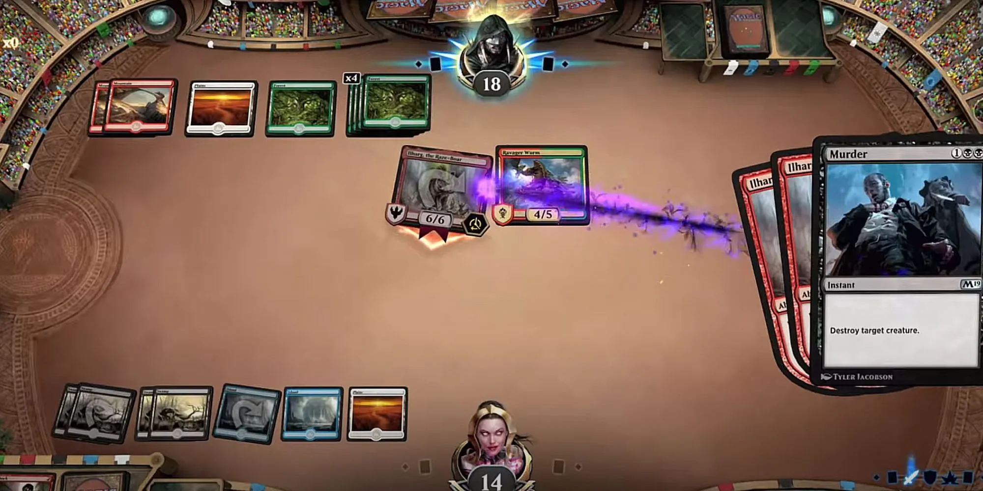 Giao diện game Magic: The Gathering Arena, với bàn đấu, các lá bài và hiệu ứng kỹ thuật số