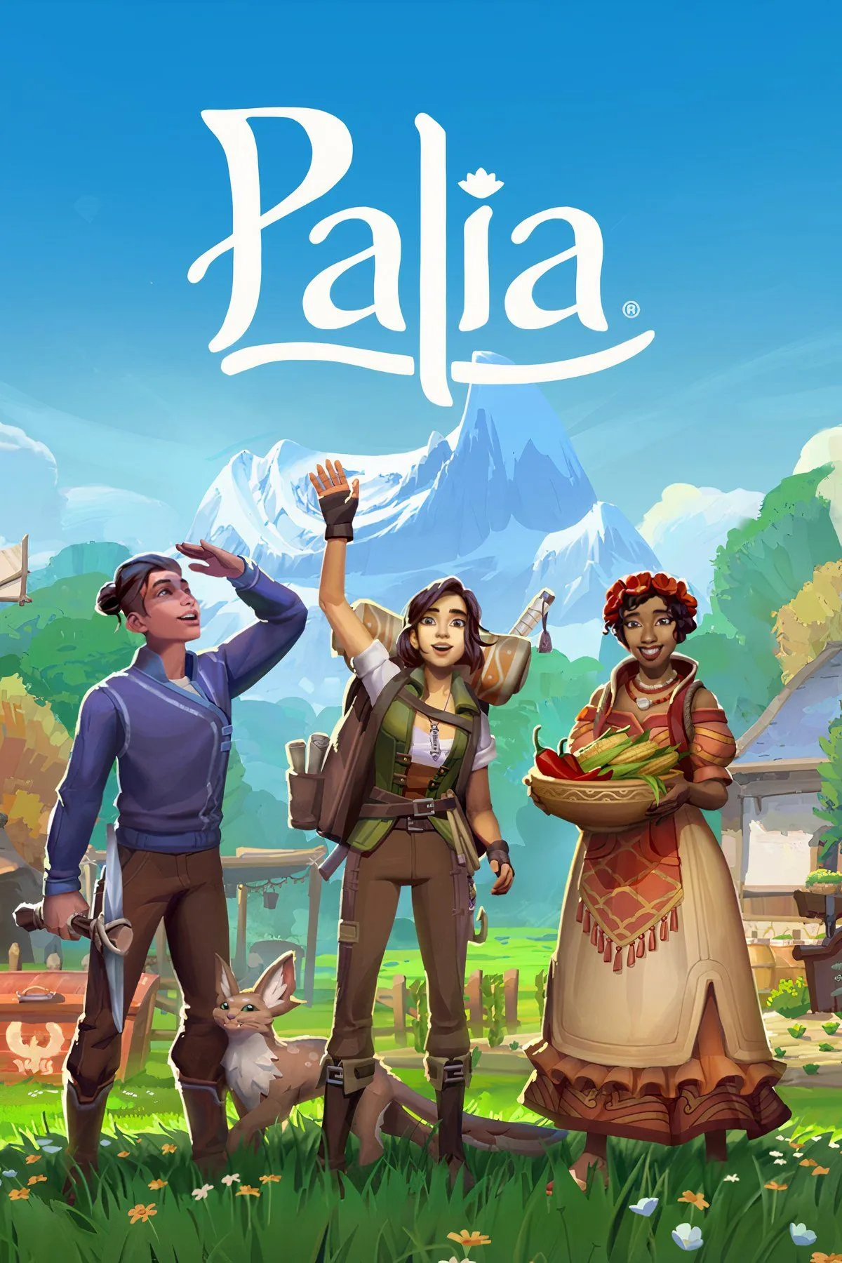 Giao diện game Palia trên Nintendo Switch với nhân vật đang trò chuyện cùng NPC trong môi trường giả tưởng đầy màu sắc