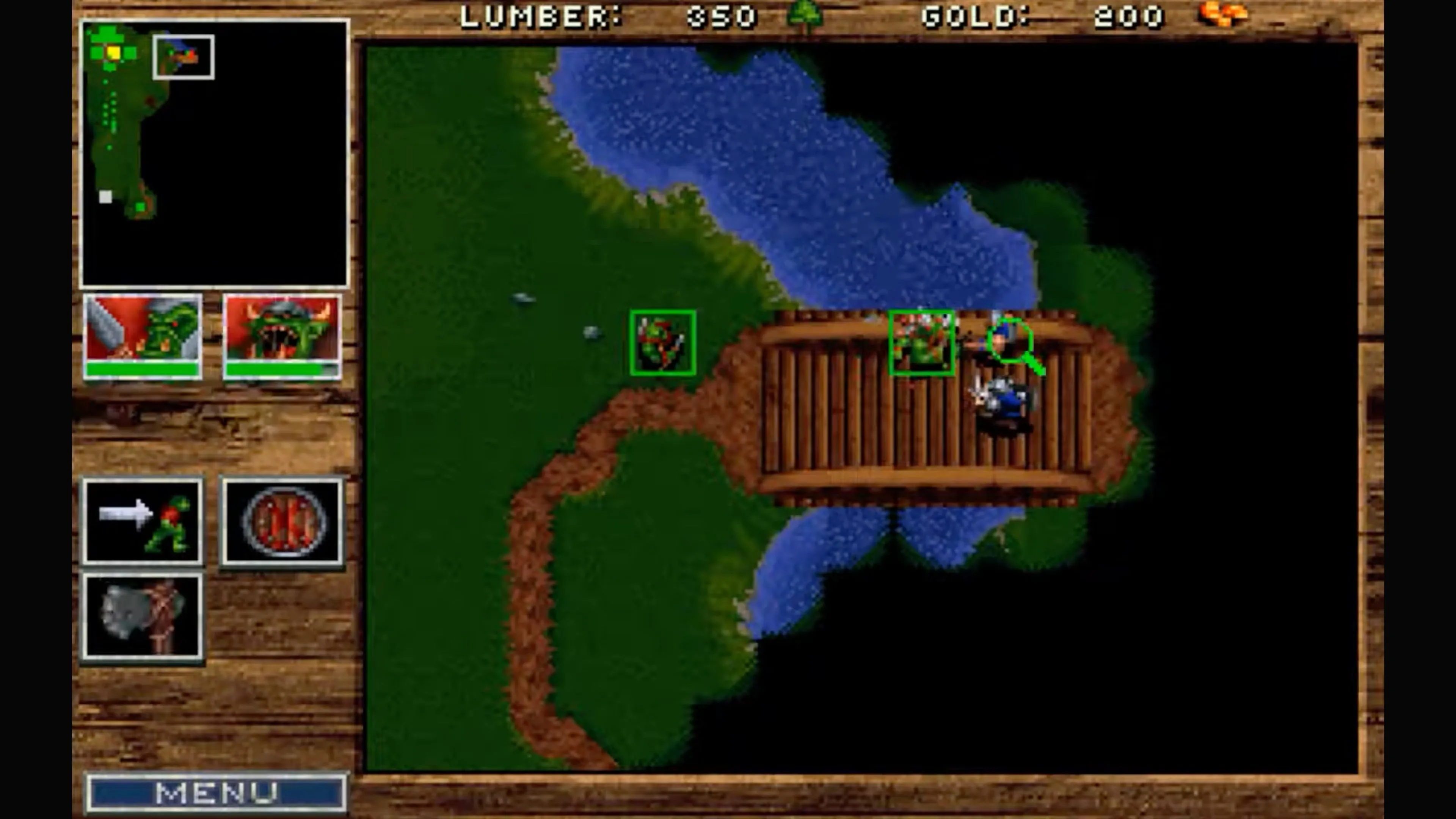 Giao diện gameplay của Warcraft: Orcs &amp; Humans, với đội quân con người chuẩn bị tấn công.