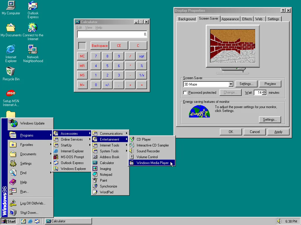 Giao diện hệ điều hành Windows 98 được giả lập trên OldWeb.Today, cho phép khám phá các ứng dụng cổ điển.