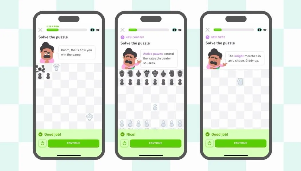 Giao diện khóa học cờ vua Duolingo với các bài học tương tác và nhân vật Oscar
