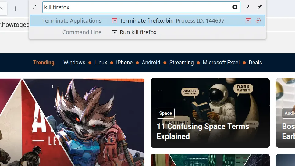Giao diện KRunner hiển thị các tùy chọn lệnh &quot;kill&quot; cho ứng dụng Firefox, giúp người dùng dừng tiến trình.