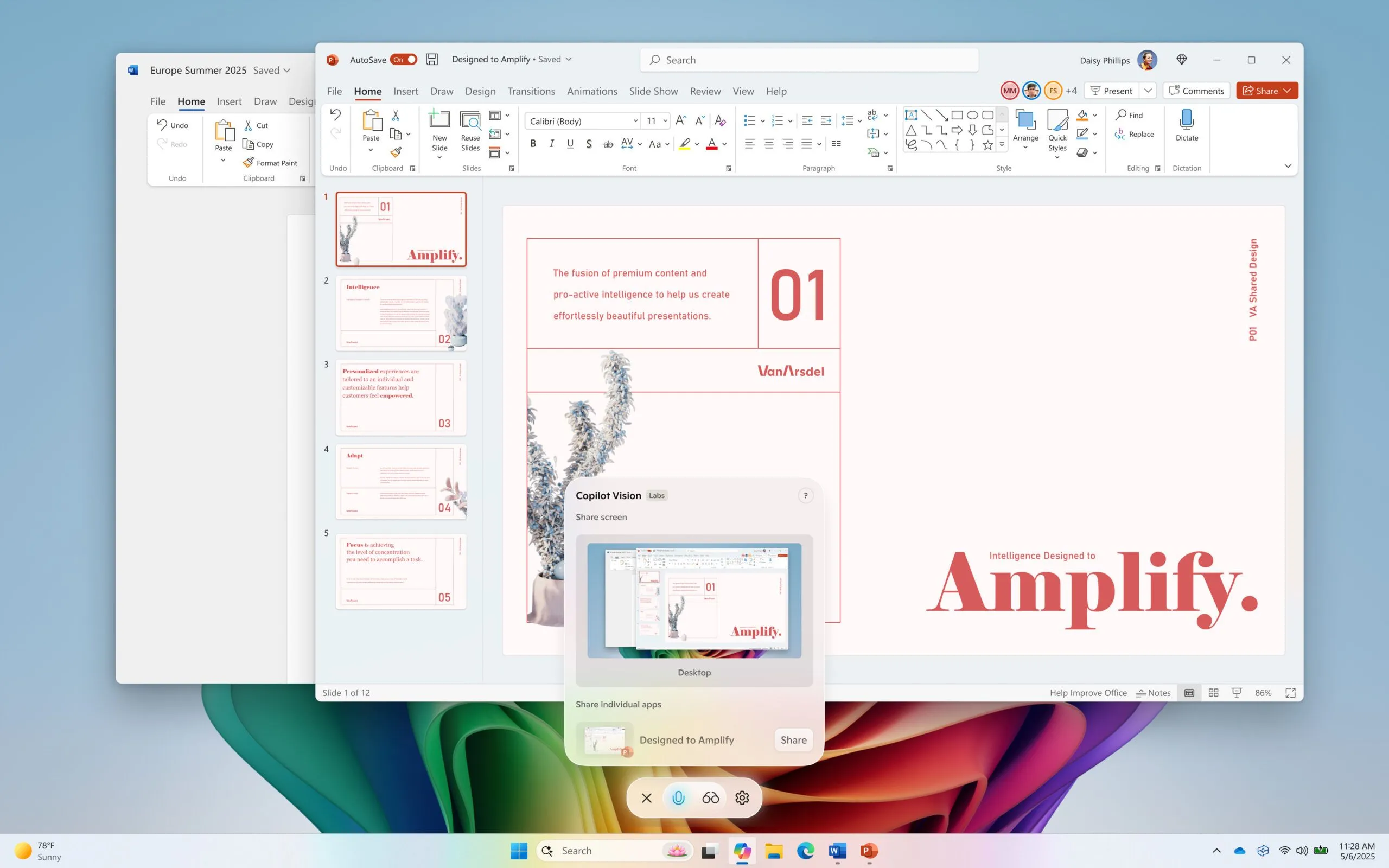 Giao diện Microsoft Copilot Vision đang hỗ trợ tạo PowerPoint với tính năng chia sẻ màn hình