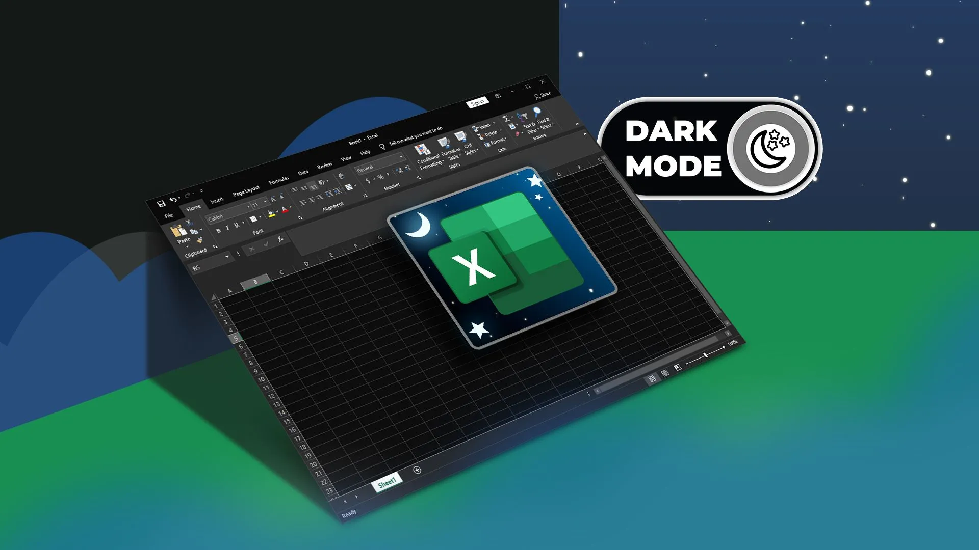 Giao diện Microsoft Excel đang hiển thị ở chế độ nền tối (Dark Mode) trên màn hình máy tính, với một nút gạt bật tắt chế độ và logo Excel ở giữa.