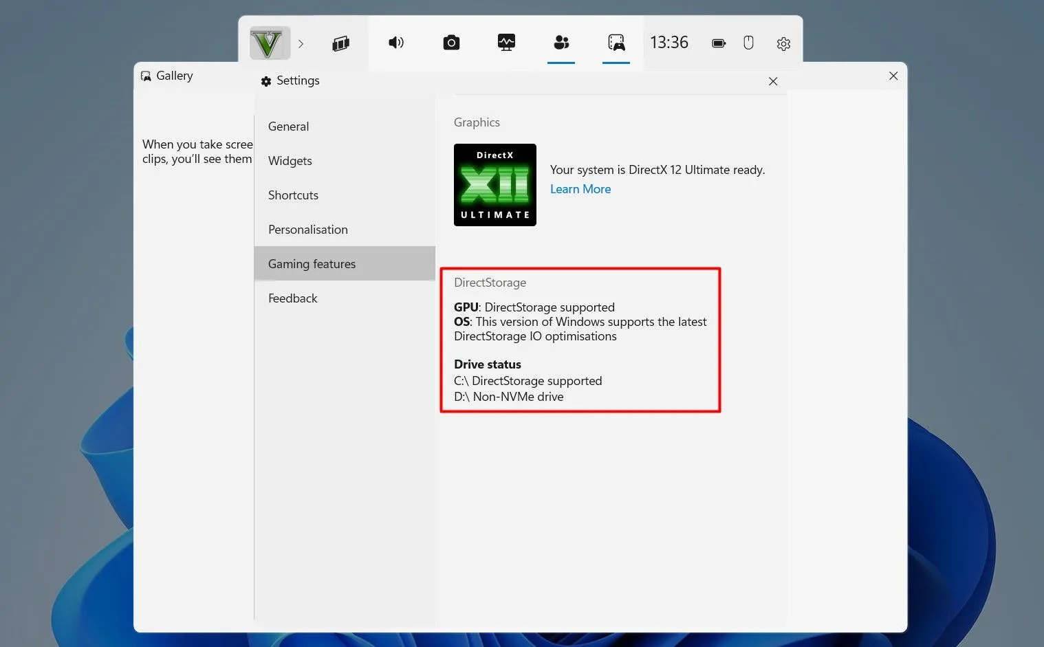 Giao diện mục Tính năng Gaming trong ứng dụng Game Bar của Windows 11, hiển thị thông tin tương thích DirectStorage.