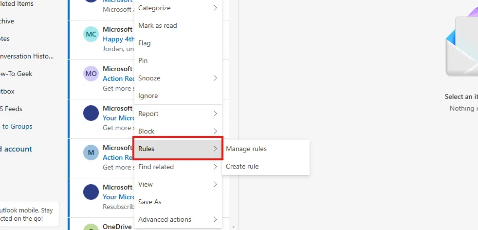 Giao diện nhấp chuột phải vào email trong Outlook và tìm menu con Quy tắc