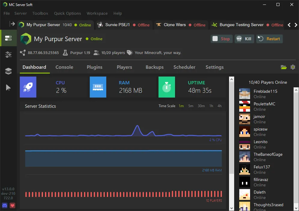 Giao diện phần mềm MC Server Soft hiển thị máy chủ Minecraft đang chạy cùng với số lượng người chơi trực tuyến, giúp quản lý dễ dàng.
