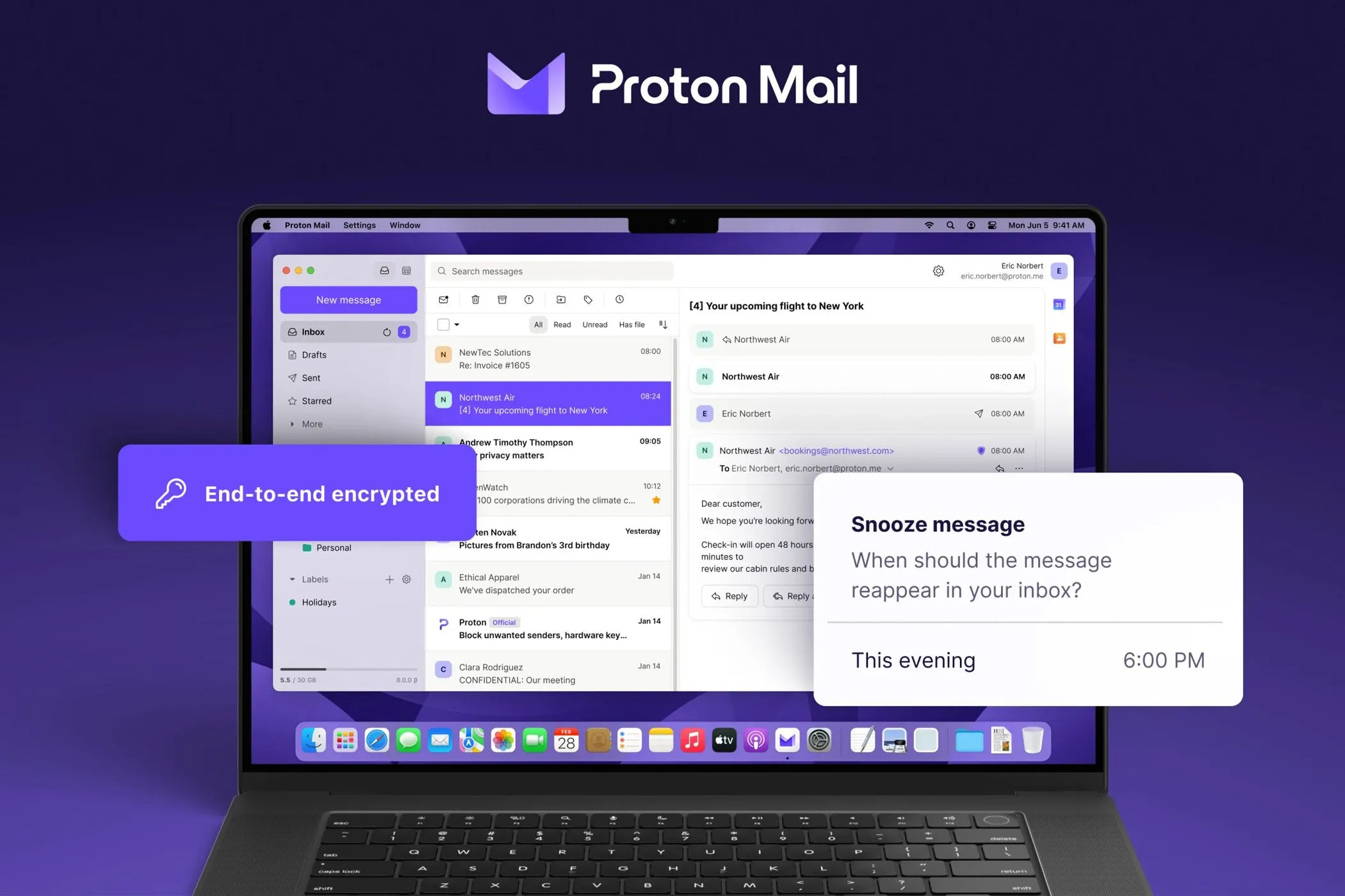 Giao diện Proton Mail trên máy tính xách tay hiển thị hộp thư đến và các tùy chọn mã hóa email