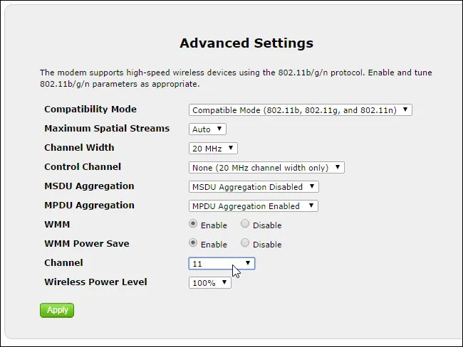 Giao diện quản lý bộ định tuyến (router) hiển thị tùy chọn thay đổi kênh Wi-Fi.