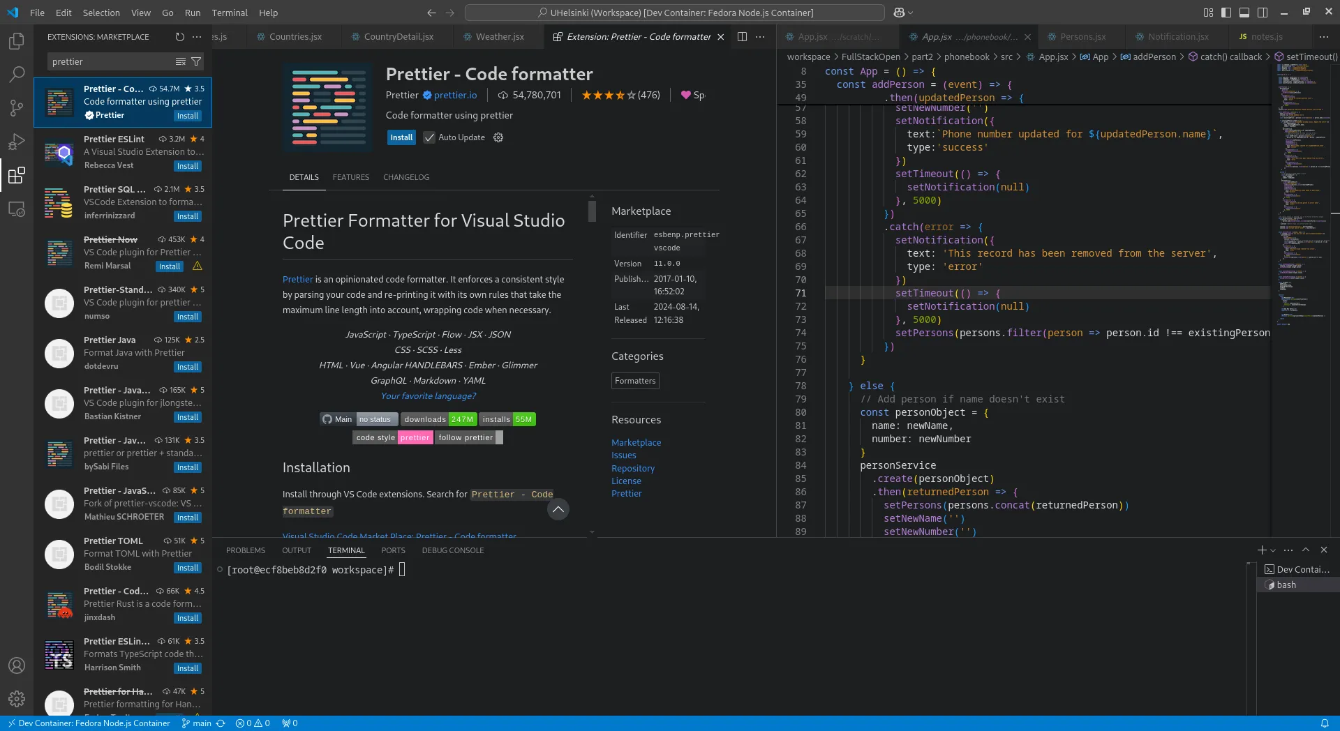 Giao diện quản lý tiện ích VS Code mô tả Prettier, extension giúp định dạng code tự động và chuẩn hóa phong cách lập trình.