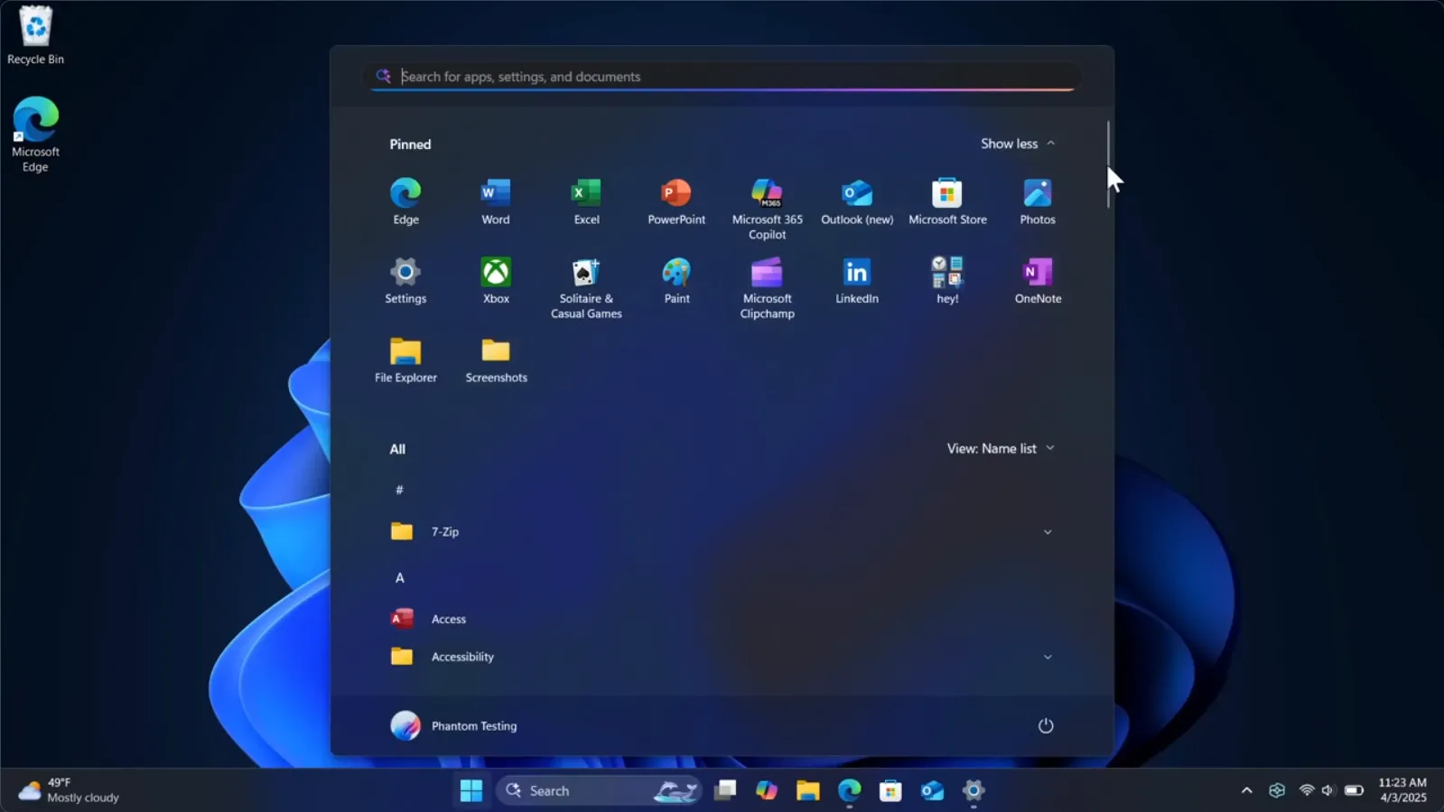 Giao diện Start Menu Windows 11 mới với danh sách ứng dụng đầy đủ có thể cuộn