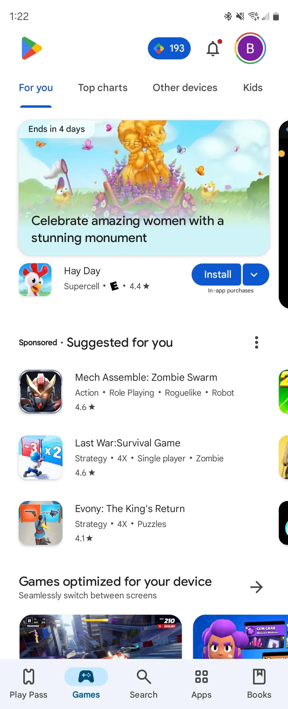 Giao diện tab game trên Google Play Store với nhiều tựa game nổi bật.