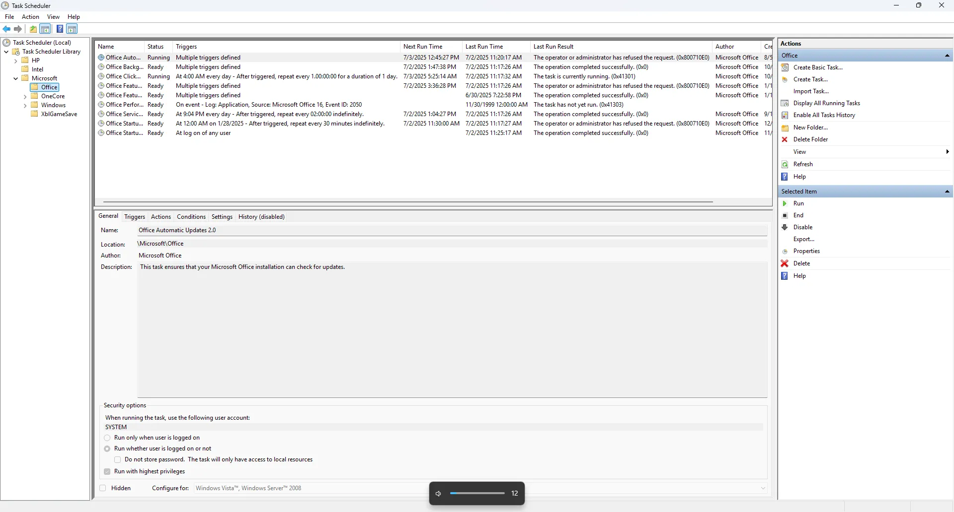 Giao diện Task Scheduler trong Windows hiển thị danh sách các tác vụ đã được lên lịch, bao gồm cập nhật Office.