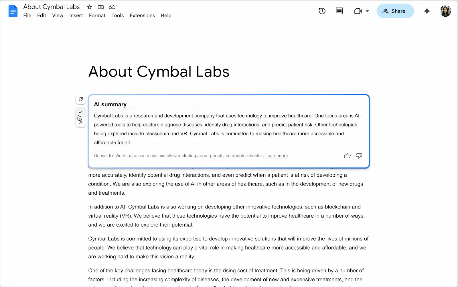 Giao diện tính năng tóm tắt AI trong Google Docs, hiển thị phần tóm tắt được tạo bởi Gemini AI.