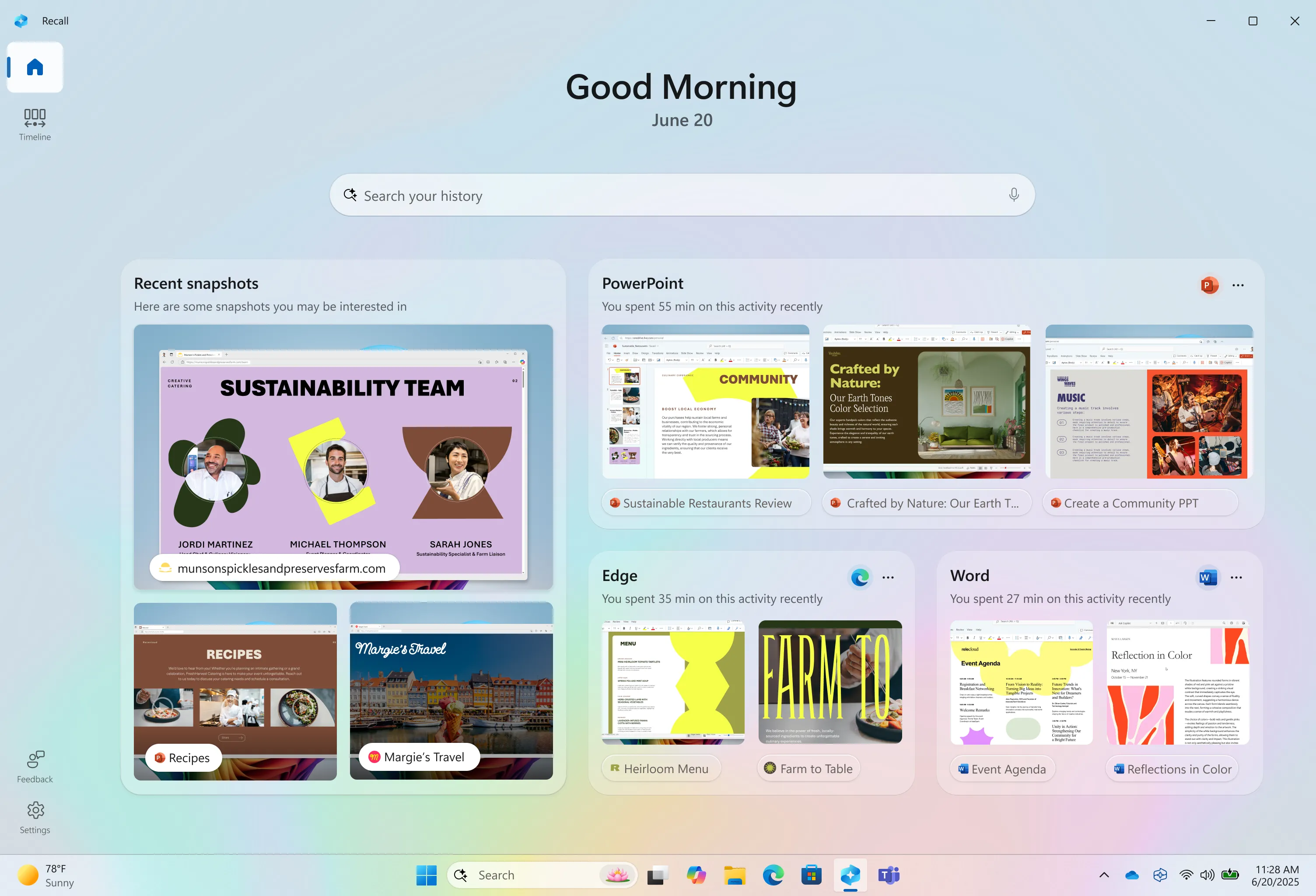 Giao diện trang chủ mới của Windows Recall, hiển thị ứng dụng và trang web được sử dụng nhiều nhất cùng với các ảnh chụp màn hình.