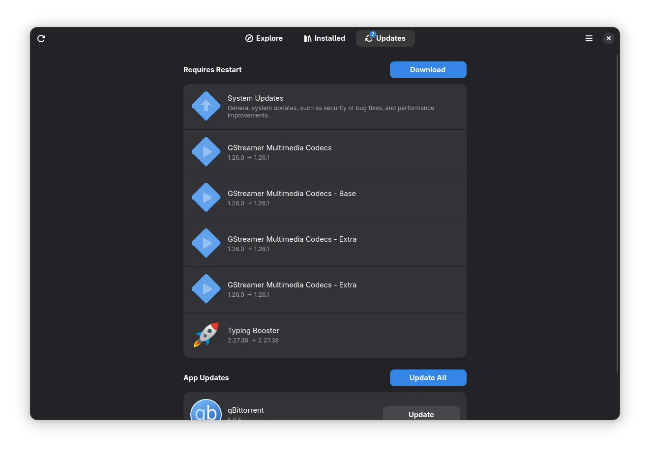 Giao diện trung tâm phần mềm GNOME trên Fedora hiển thị các bản cập nhật đang chờ