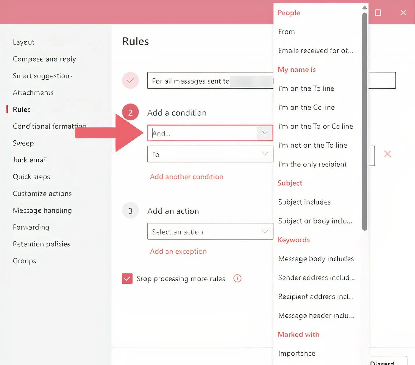 Giao diện tùy chỉnh tiêu đề cho Quy tắc mới trong Outlook