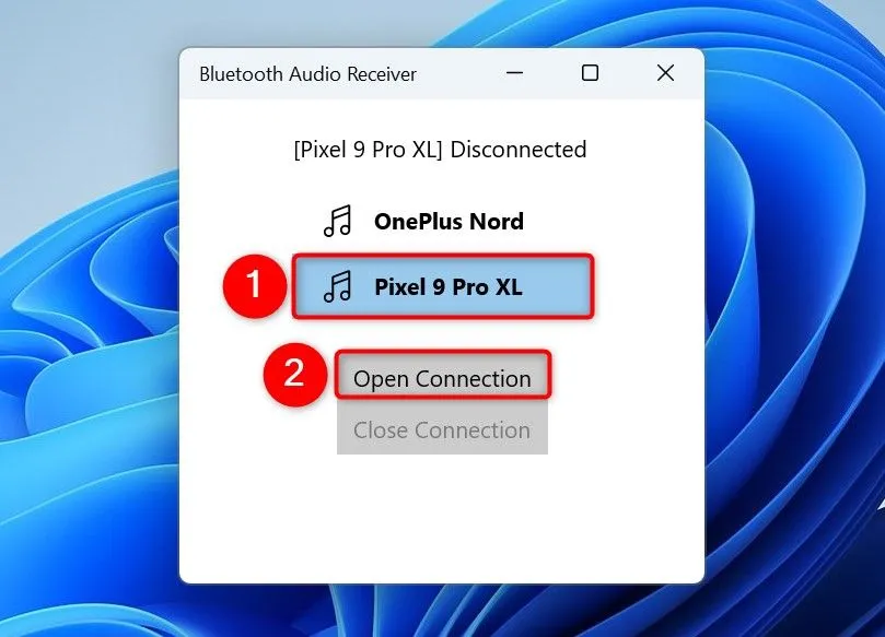 Giao diện ứng dụng Bluetooth Audio Receiver trên Windows 11, hiển thị danh sách thiết bị và nút Mở Kết Nối