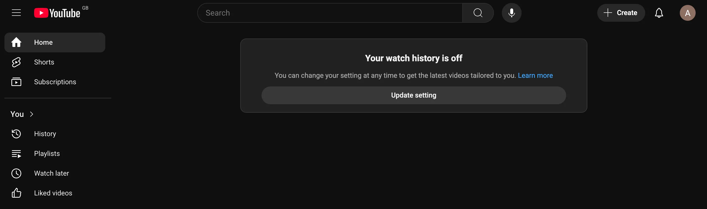Giao diện YouTube khi lịch sử xem đã bị tắt, hiển thị trang chủ trống.