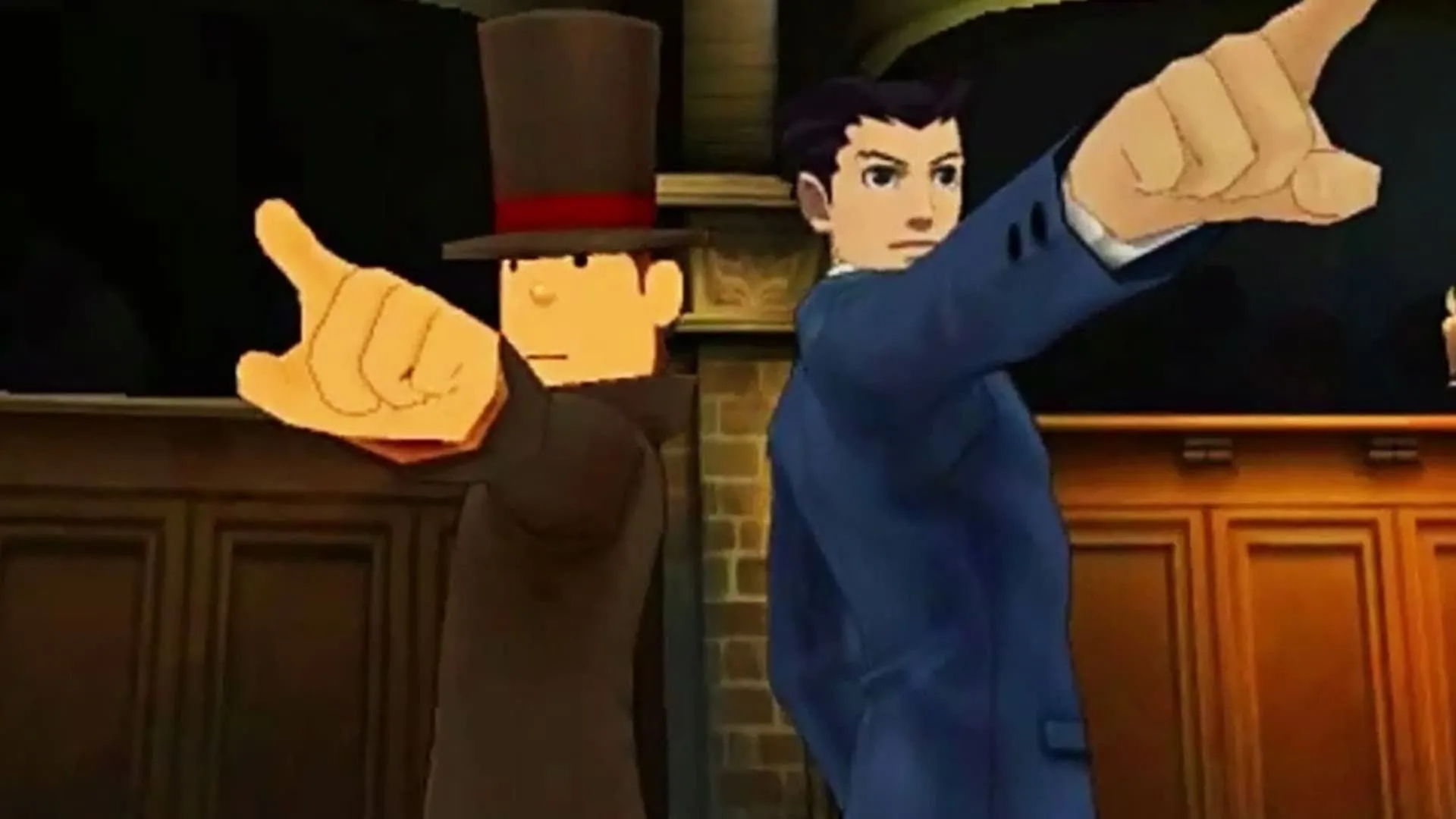 Giáo sư Layton và luật sư Phoenix Wright đứng tựa lưng, cùng đưa ra lời buộc tội trong game Professor Layton Vs. Phoenix Wright: Ace Attorney.