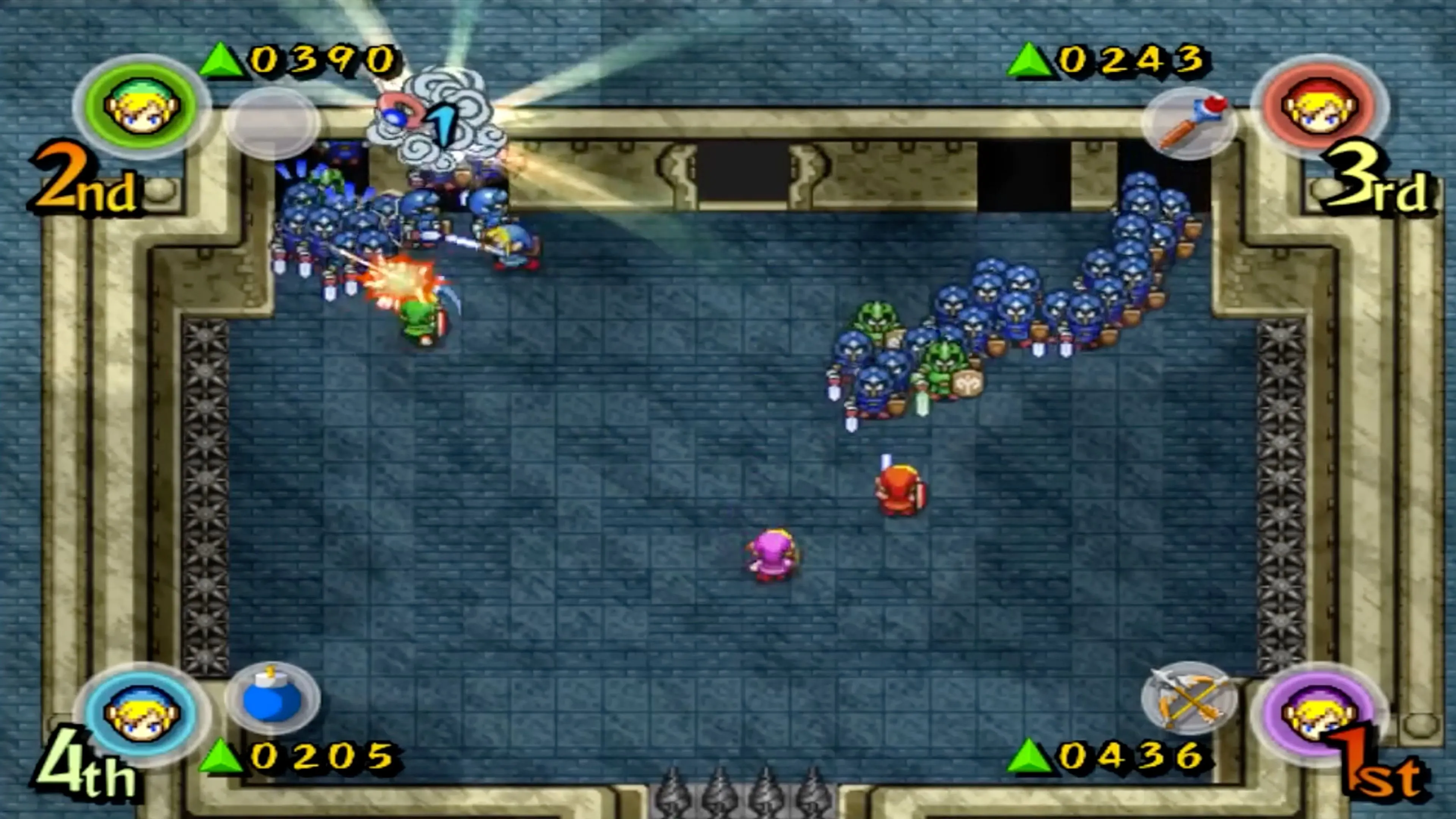 Góc nhìn cận cảnh các nhân vật Link trong The Legend of Zelda: Four Swords Adventures.