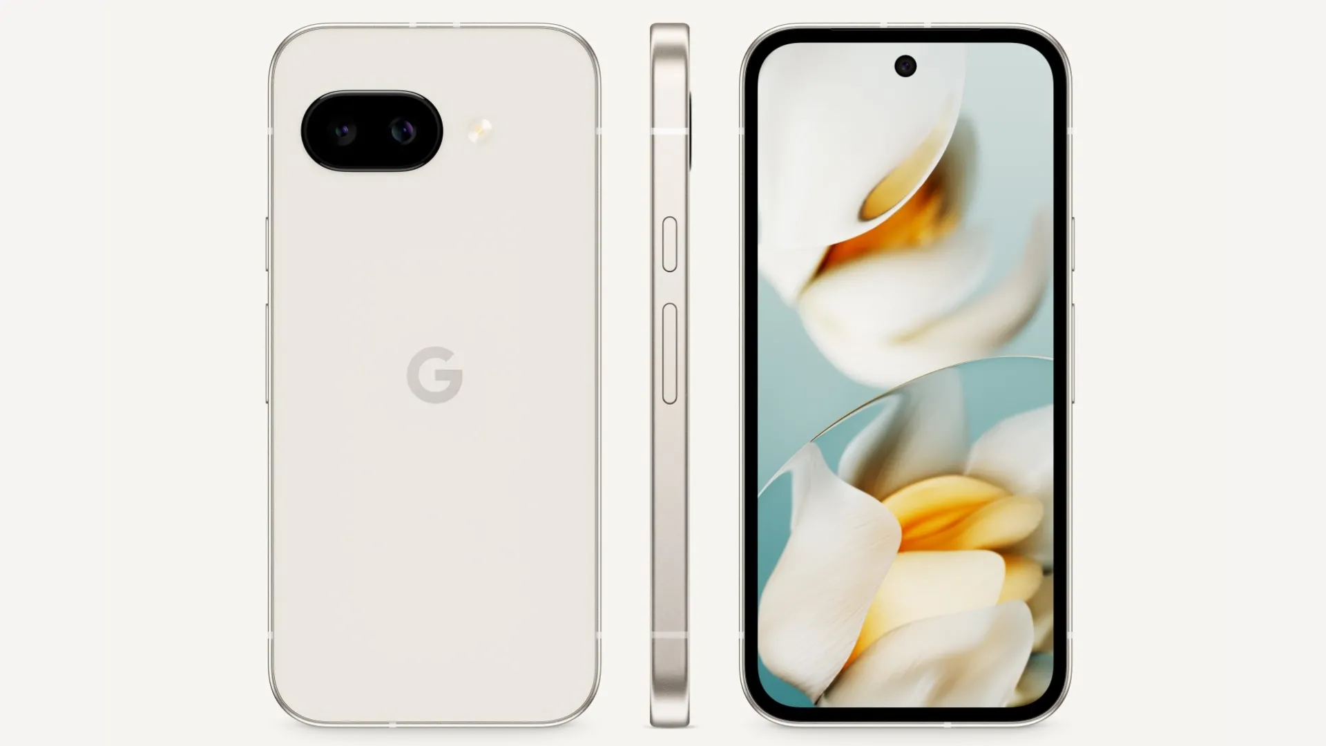 Google Pixel 9a màu Porcelain với các góc nhìn từ mặt trước, mặt lưng và cạnh bên, khoe thiết kế mới.