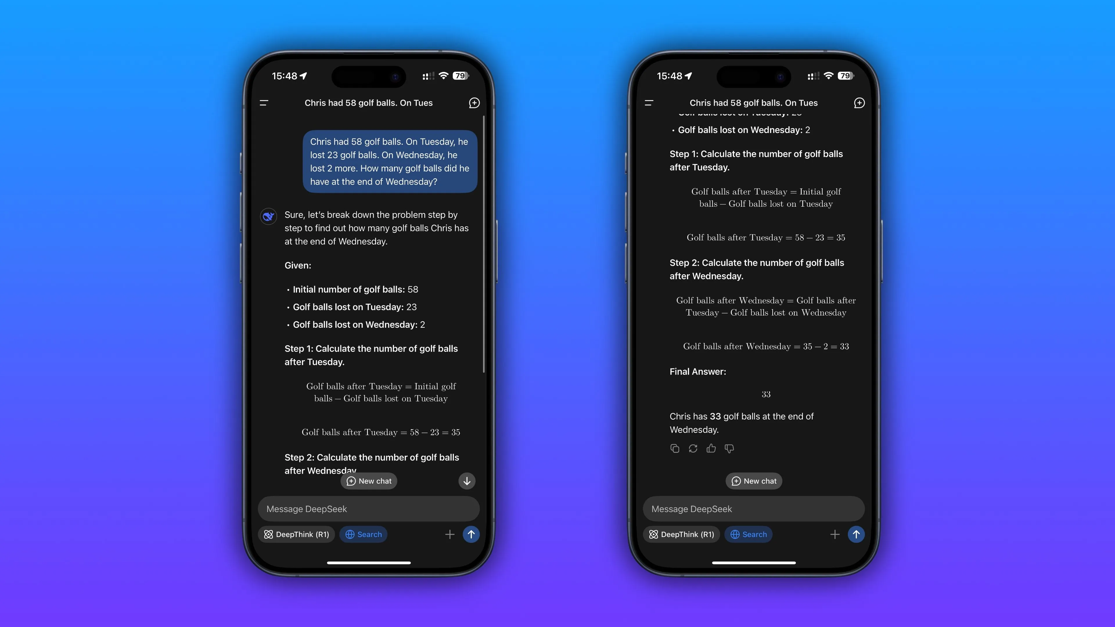 Hai ảnh chụp màn hình iPhone hiển thị giao diện DeepSeek và ví dụ về quá trình suy luận của AI
