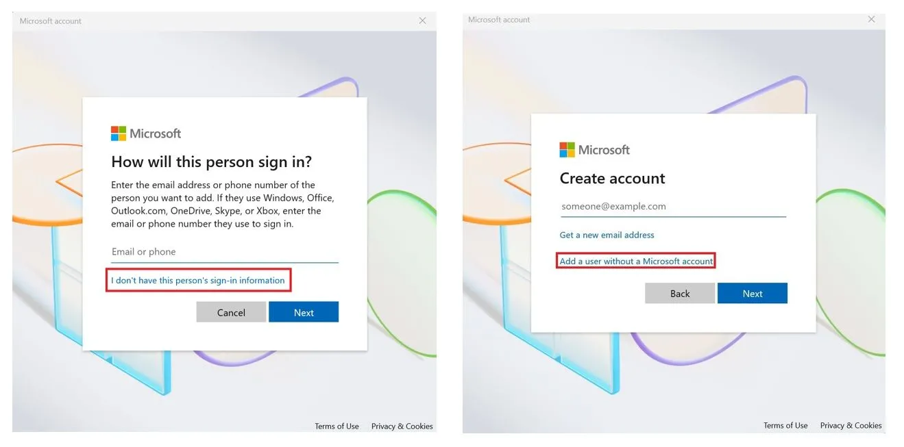 Hai màn hình cạnh nhau, phác thảo các bước tạo tài khoản cục bộ Microsoft mới trong Windows 11