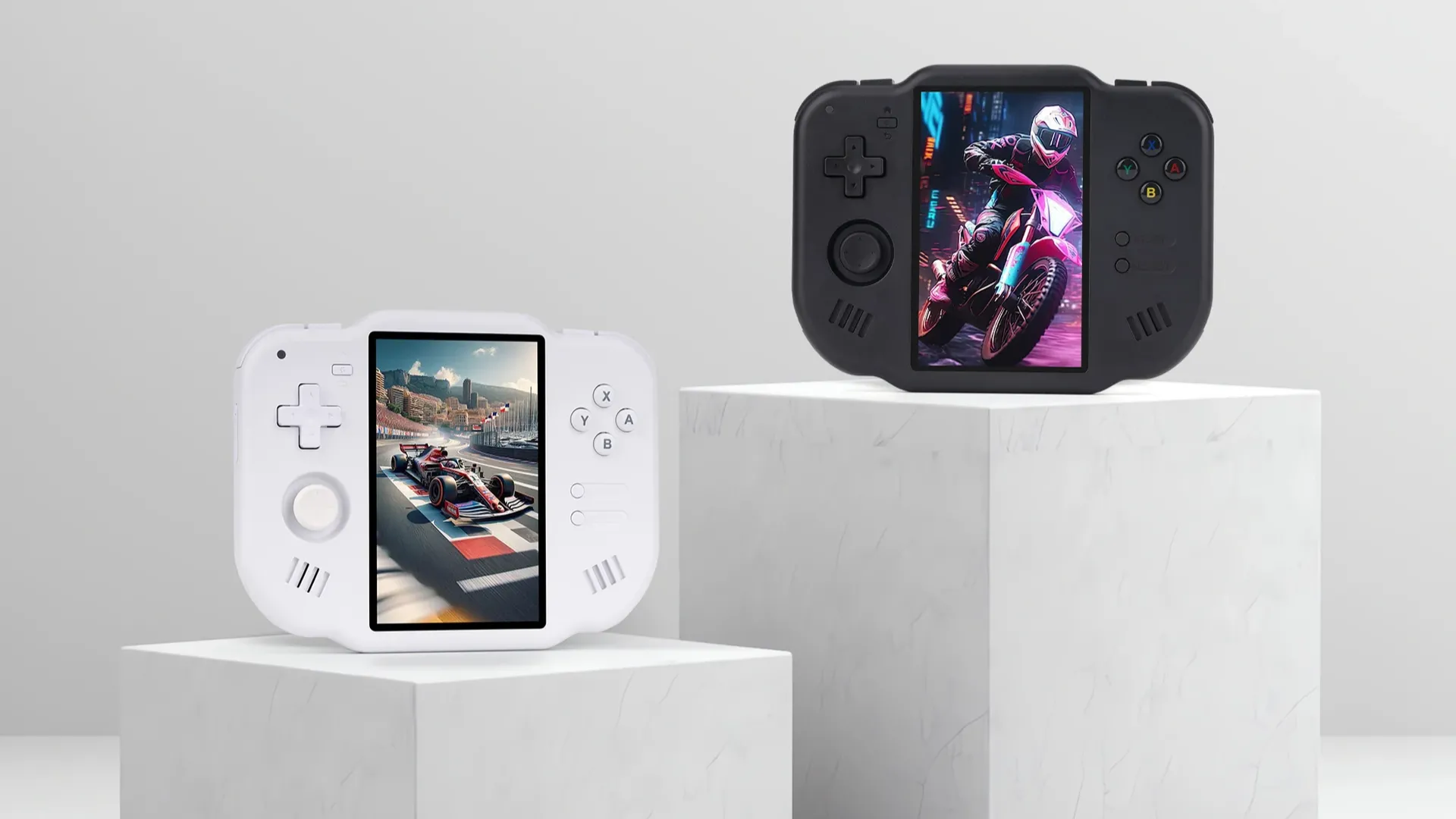 Hai máy chơi game cầm tay MagicX Zero 40 màu trắng và đen, đặt trên trụ đá cẩm thạch, tối ưu cho Nintendo DS