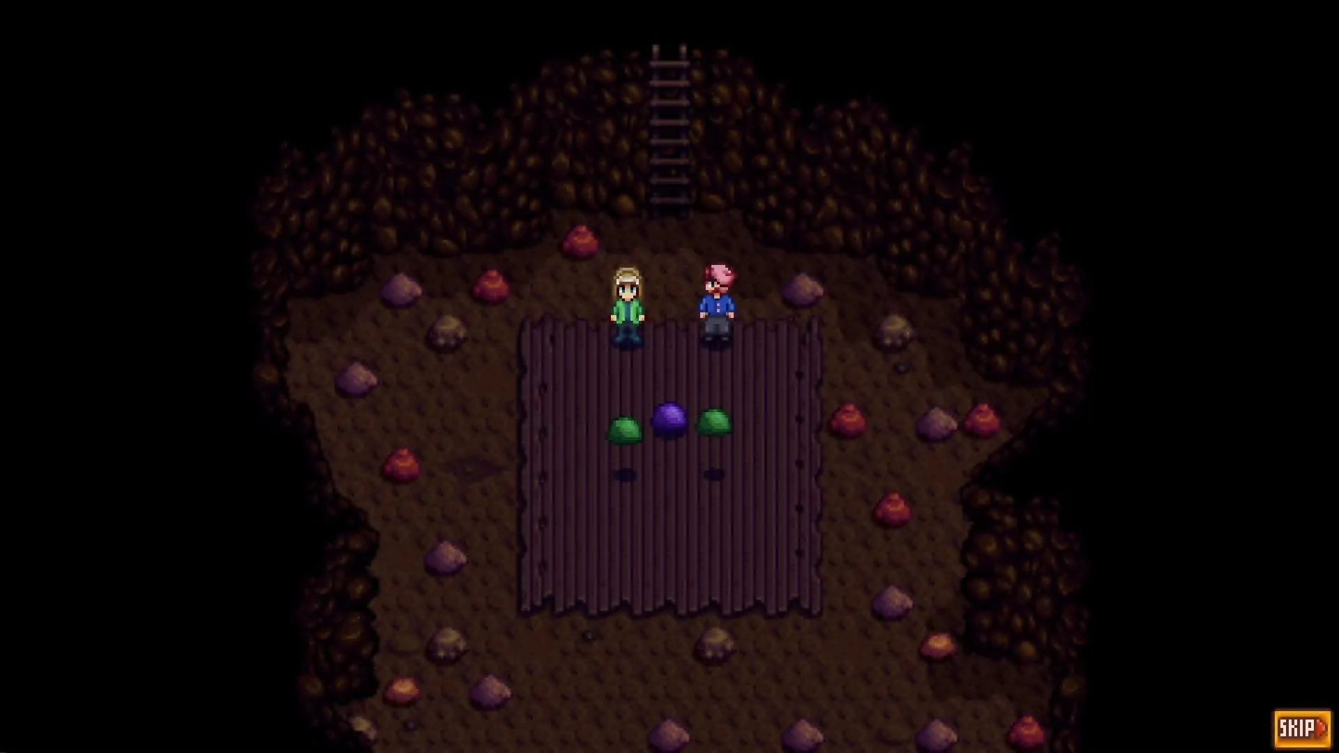 Hai nhân vật Stardew Valley đứng trước ba con slime thân thiện trong hang động, minh họa nội dung mới của mod Adventurer's Guild Expanded.