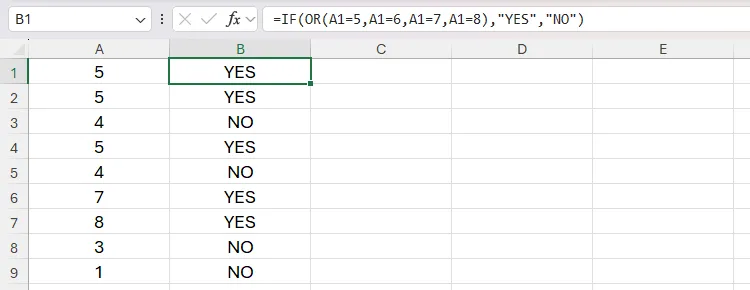 Hàm OR lồng trong hàm IF trong Excel để xác định các ô chứa một trong nhiều giá trị