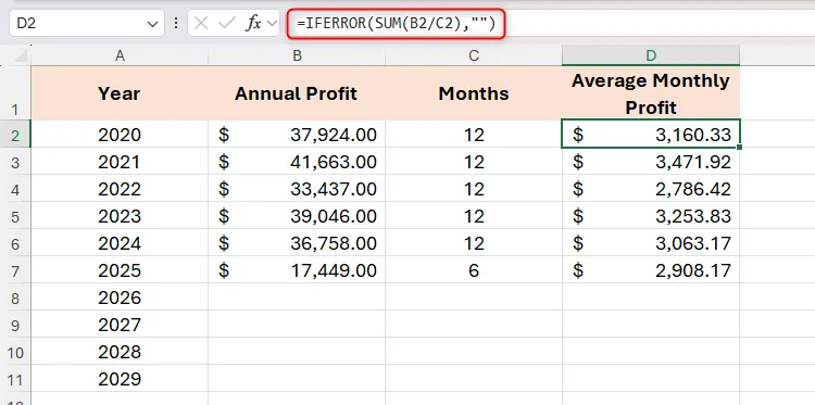Hàm SUM được lồng trong hàm IFERROR trong Excel