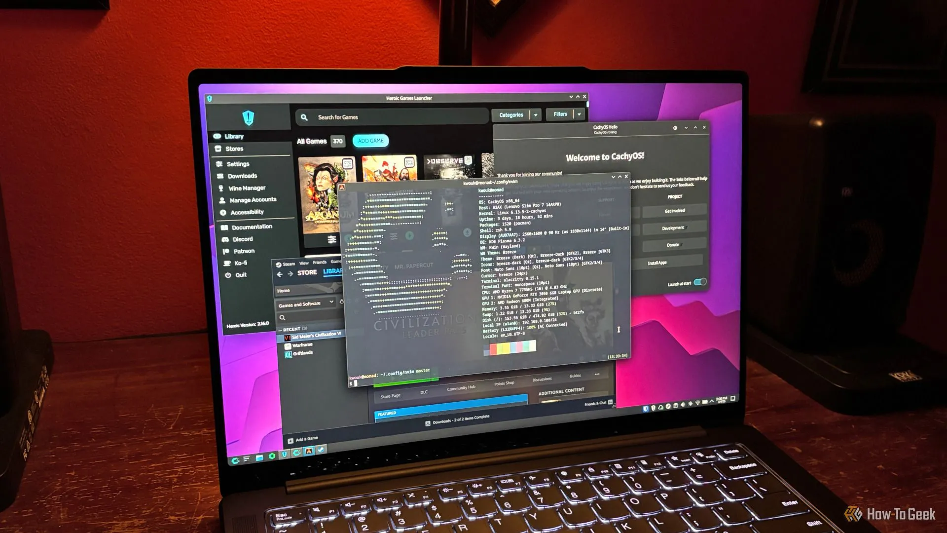 Hệ điều hành CachyOS dựa trên Arch Linux, đang chạy Steam và Heroic Games Launcher, với ứng dụng CachyOS Hello.