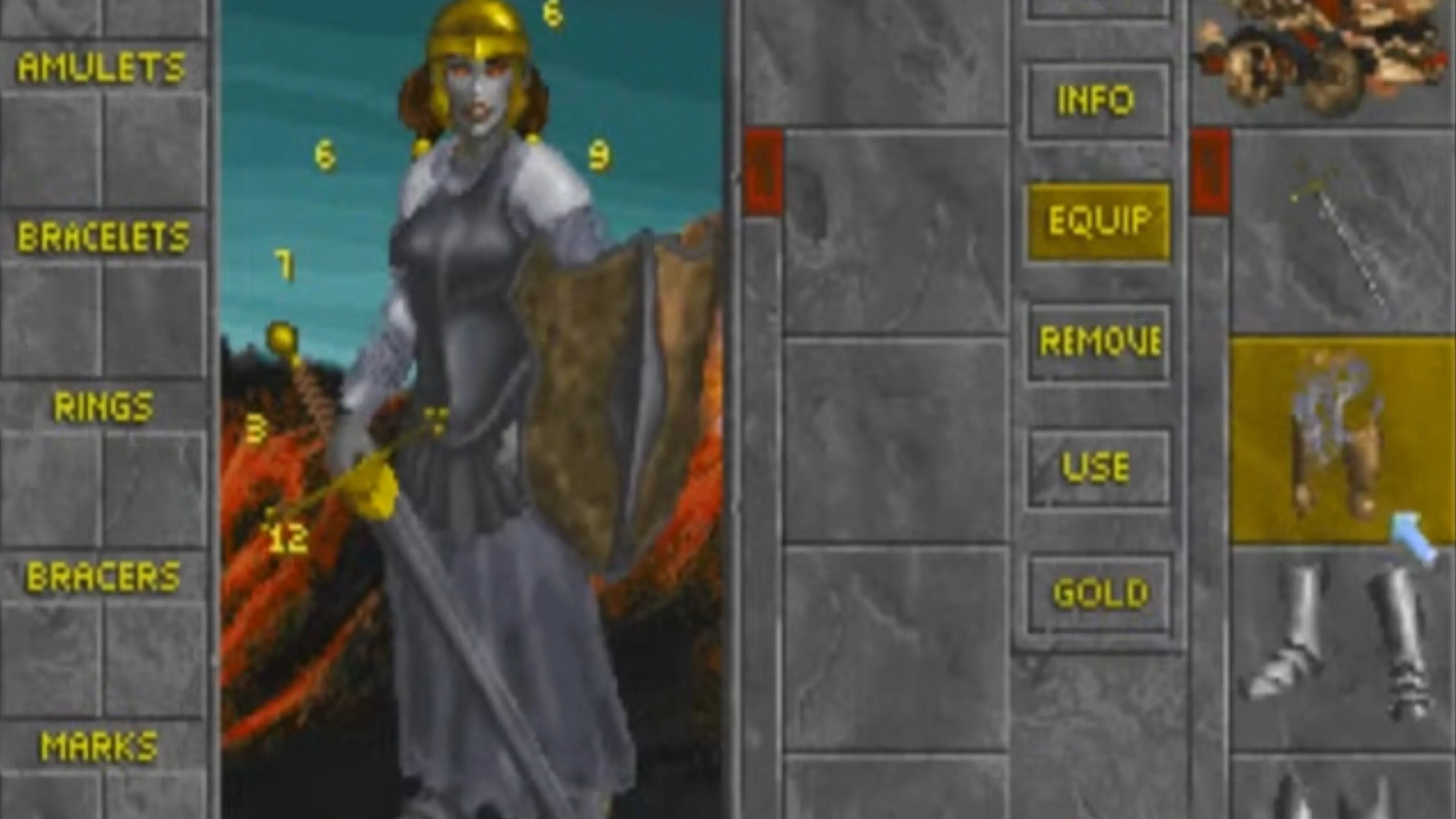 Hệ thống menu và thông tin nhân vật trong The Elder Scrolls II Daggerfall