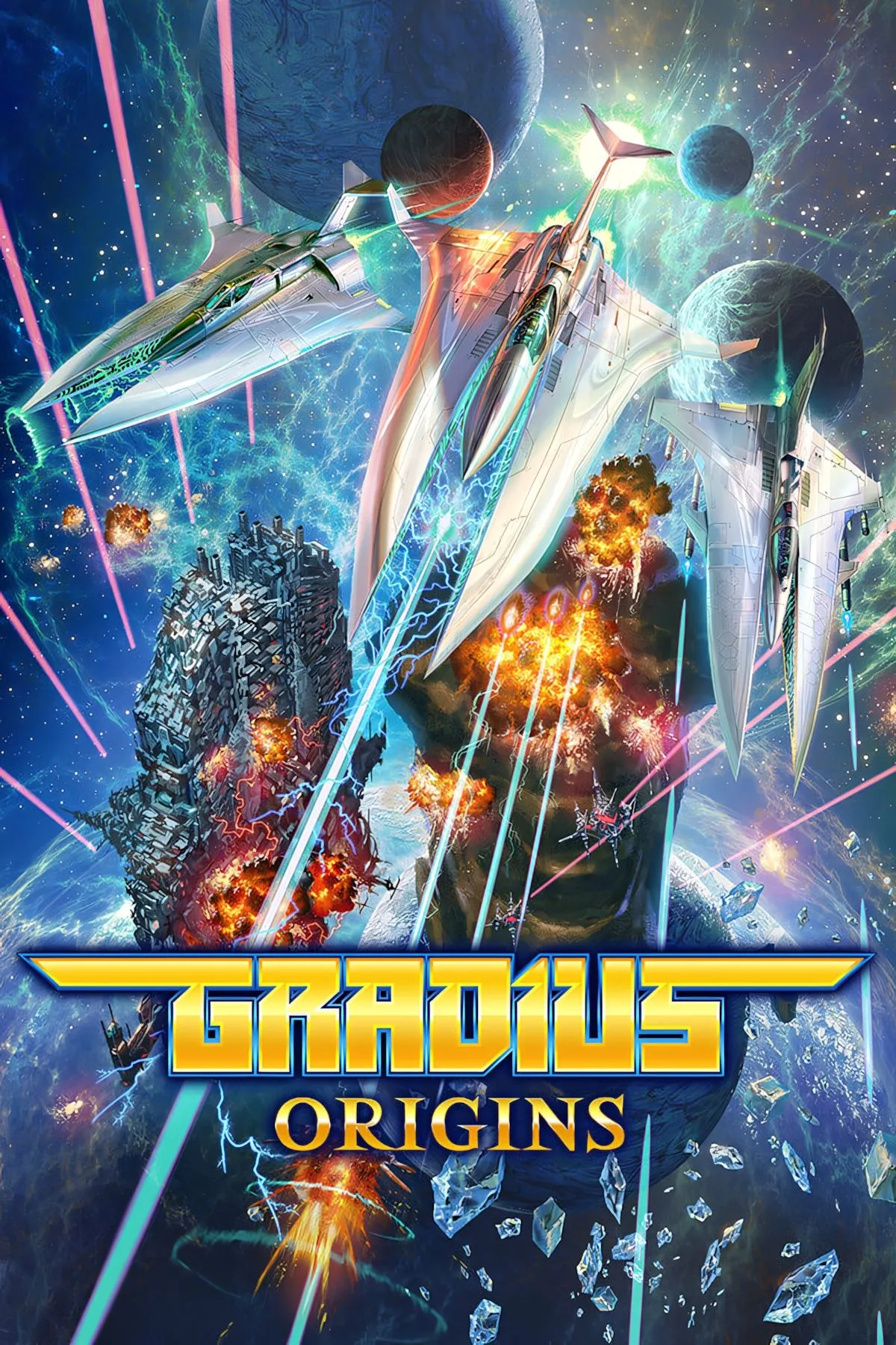 Hình ảnh bìa của Gradius Origins, tập hợp các tựa game bắn súng cuộn ngang kinh điển của Konami.