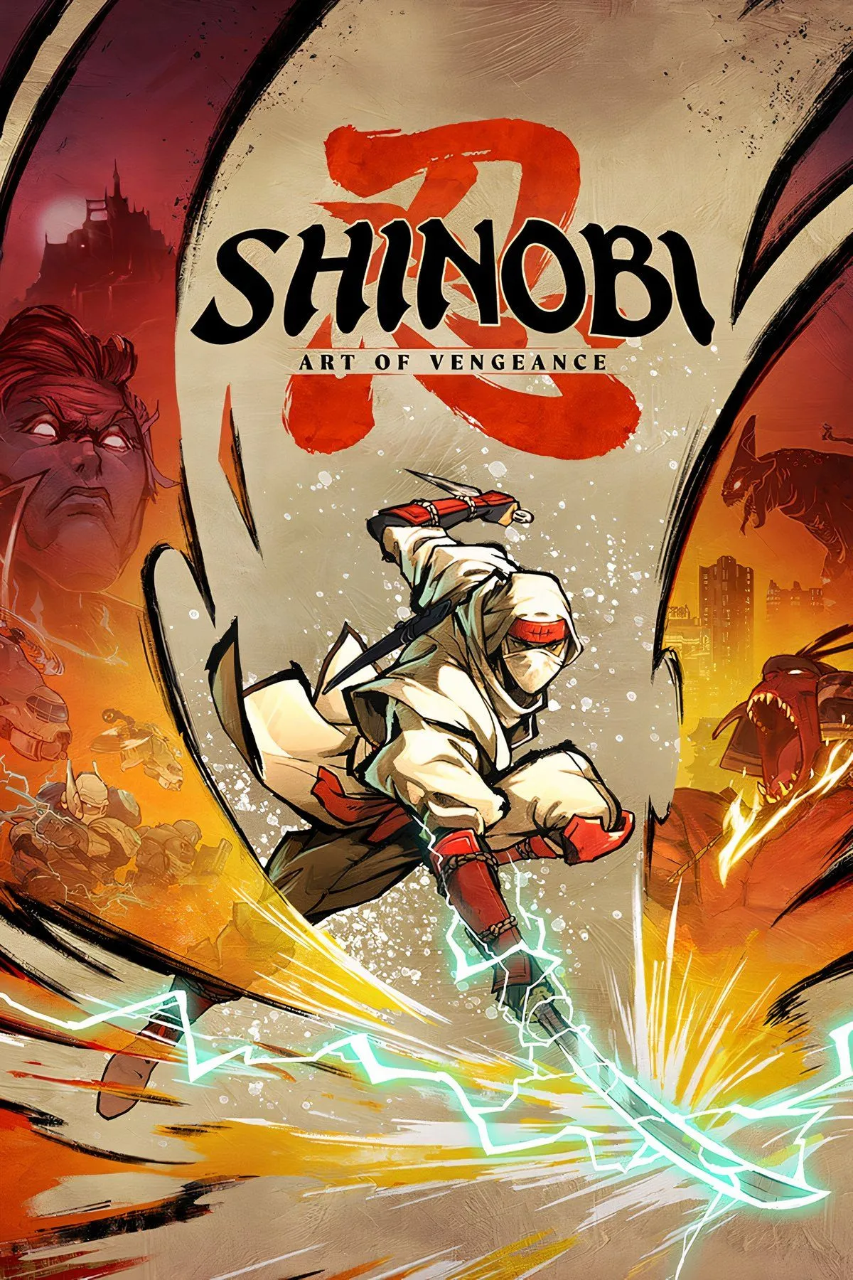 Hình ảnh bìa của Shinobi: Art of Vengeance, với ninja chính trong tư thế chiến đấu.