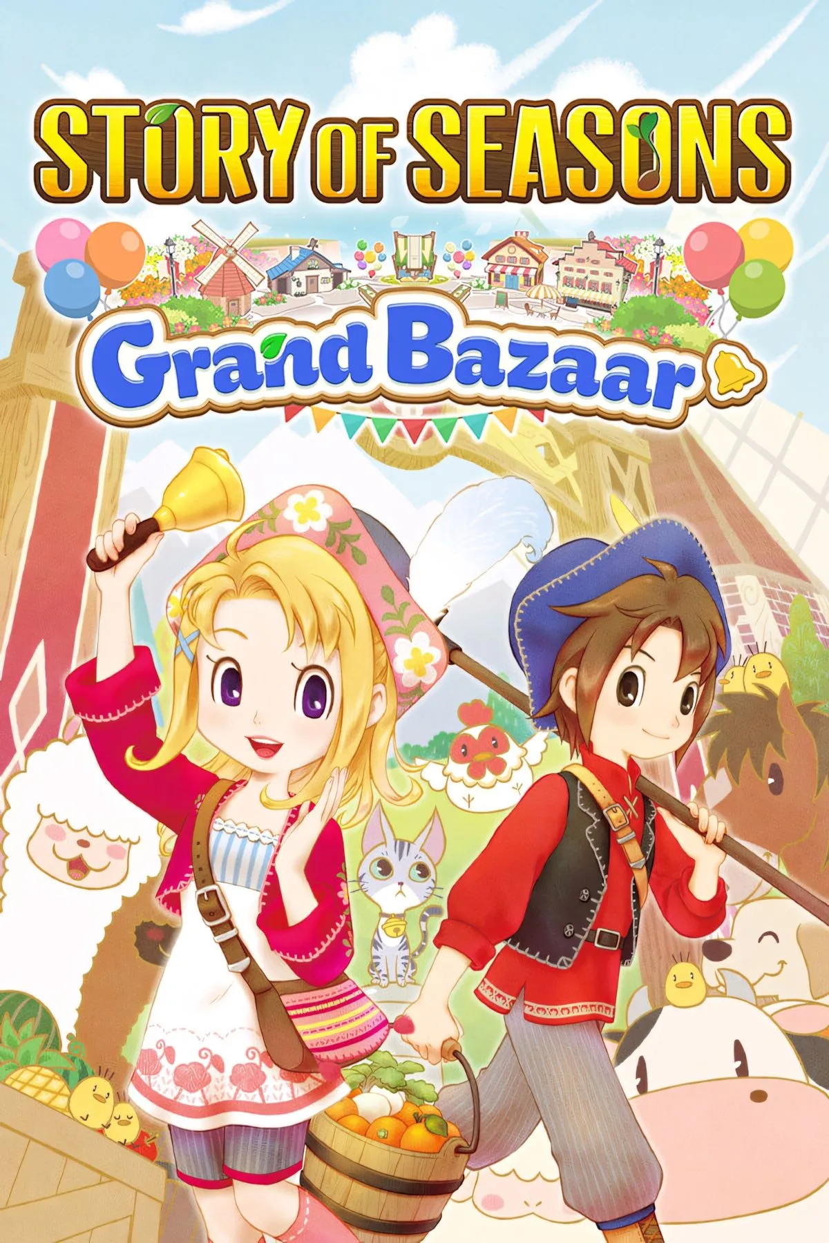 Hình ảnh bìa của Story of Seasons: Grand Bazaar, thể hiện phong cách đồ họa đáng yêu và yếu tố nông trại.
