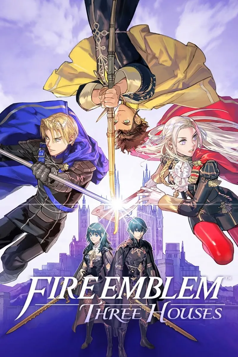 Hình ảnh bìa game Fire Emblem: Three Houses với các nhân vật chính và logo game.