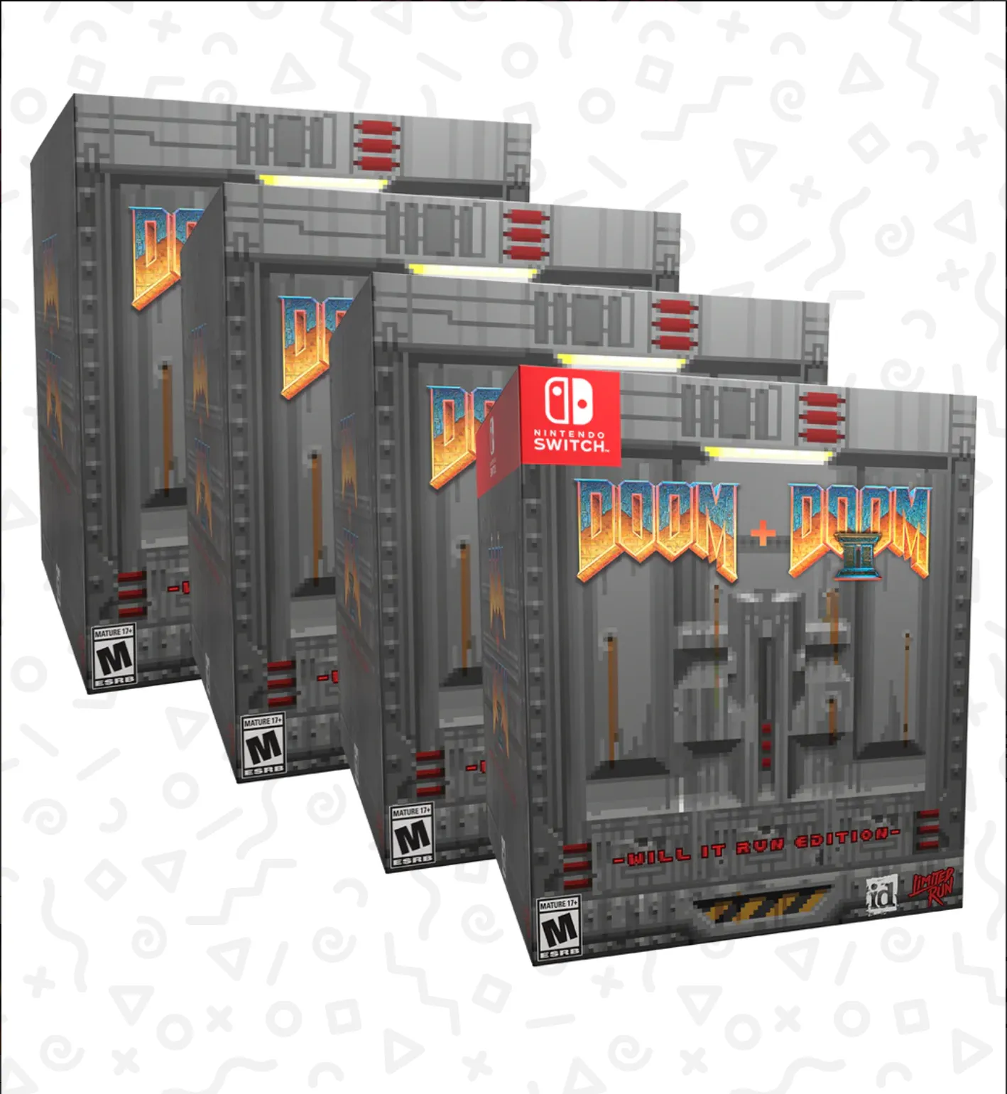 Hình ảnh bộ sưu tập DOOM + DOOM II: Will It Run Edition giới hạn từ Limited Run Games, nổi bật hộp có thể chạy game và các vật phẩm đi kèm.