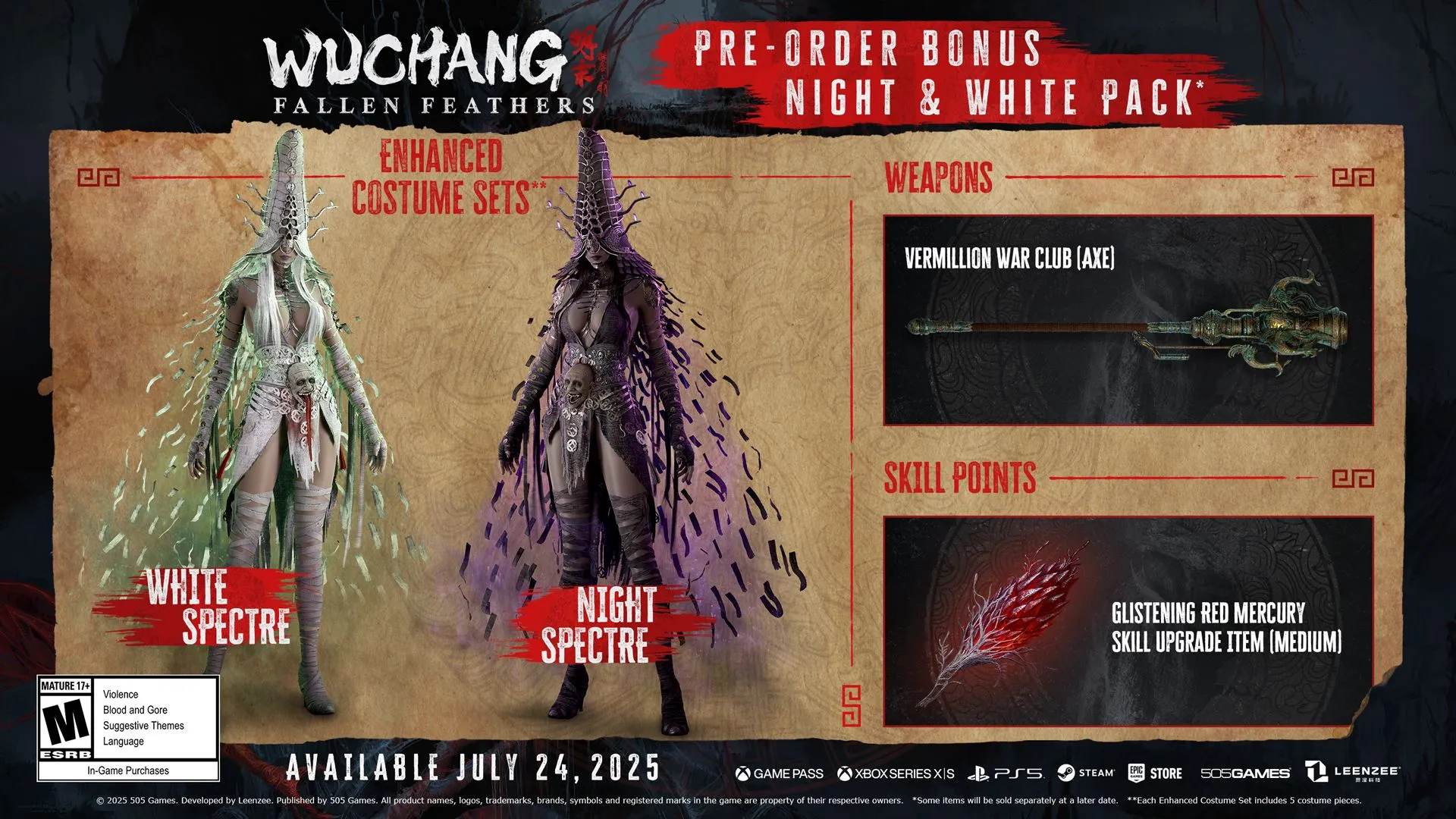 Hình ảnh các phần thưởng đặt trước cho tựa game Wuchang: Fallen Feathers, minh họa cho các ưu đãi khi đặt mua game sớm.