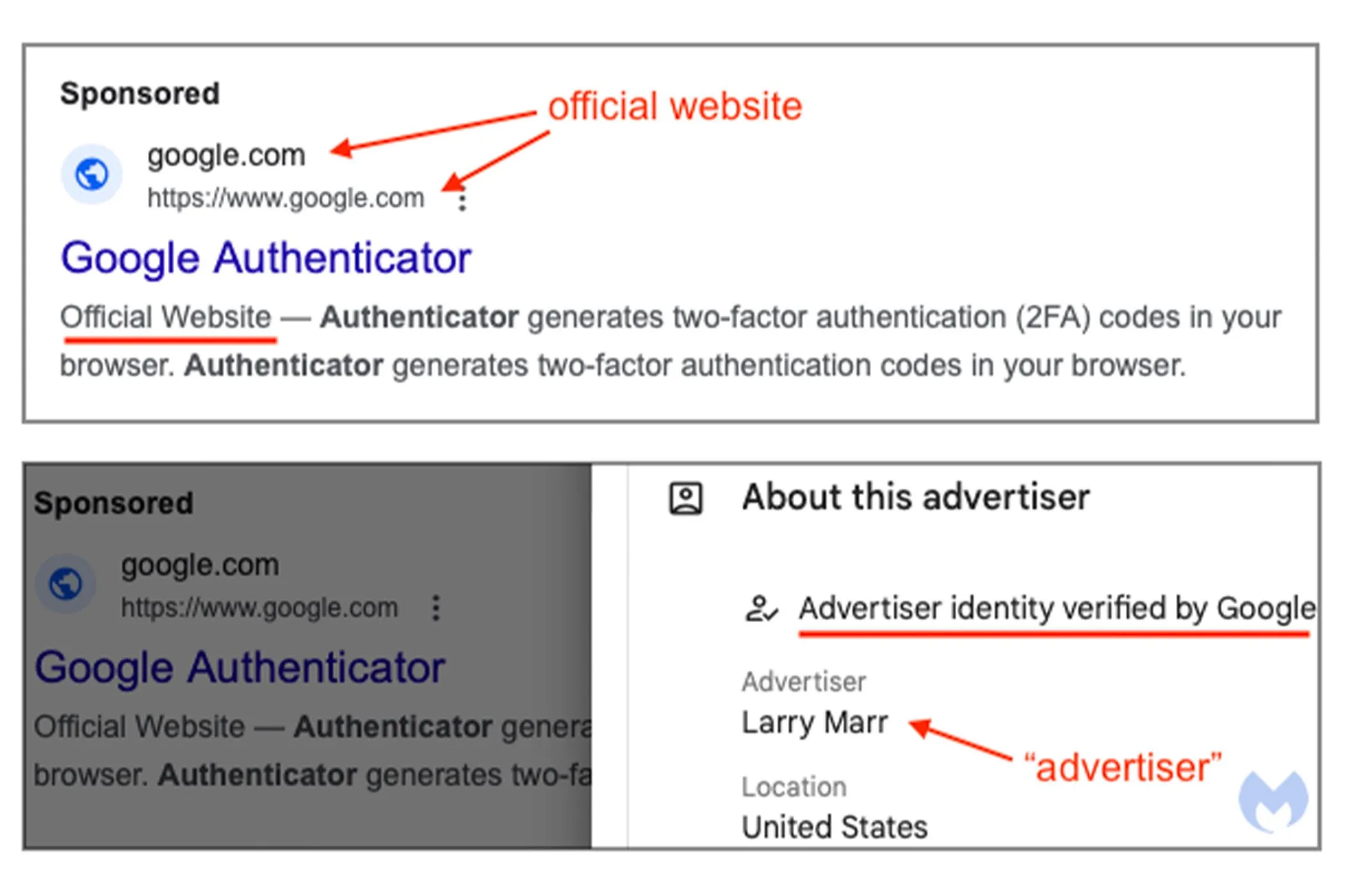 Hình ảnh các quảng cáo giả mạo Google Authenticator trong kết quả tìm kiếm Google