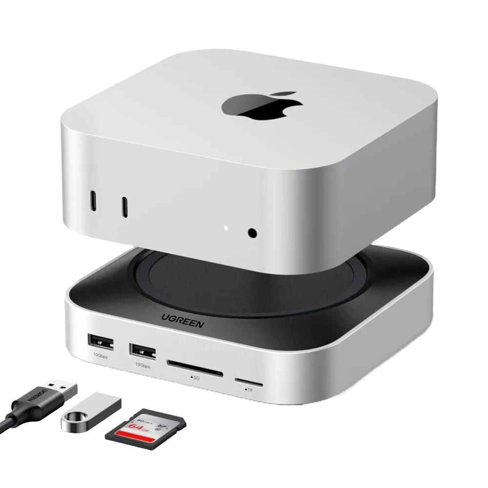 Hình ảnh cận cảnh Dock UGREEN M4 Mac Mini, làm nổi bật các cổng kết nối đa dạng và thiết kế tích hợp.